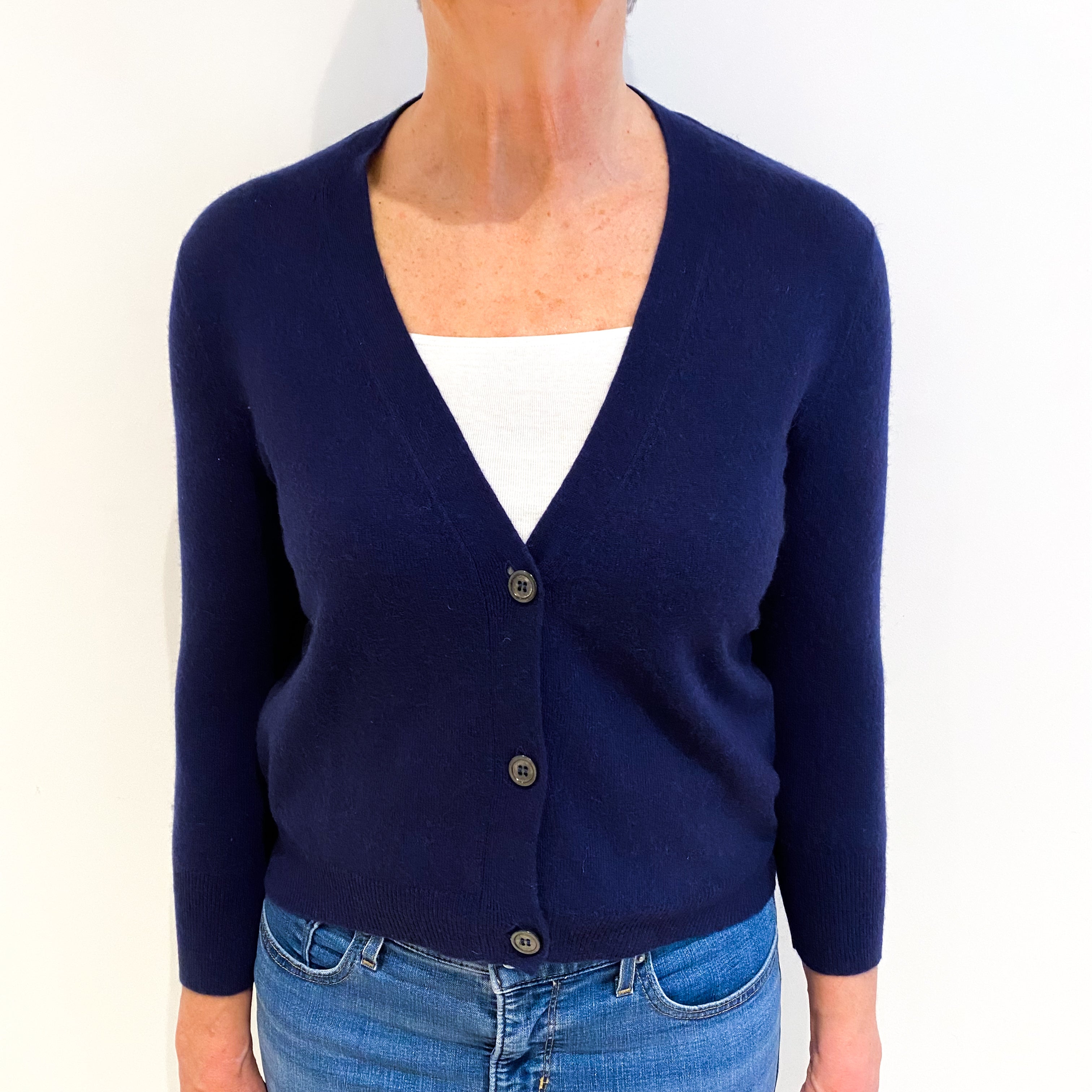 Navy Blue Cashmere V Neck Cardigan Medium