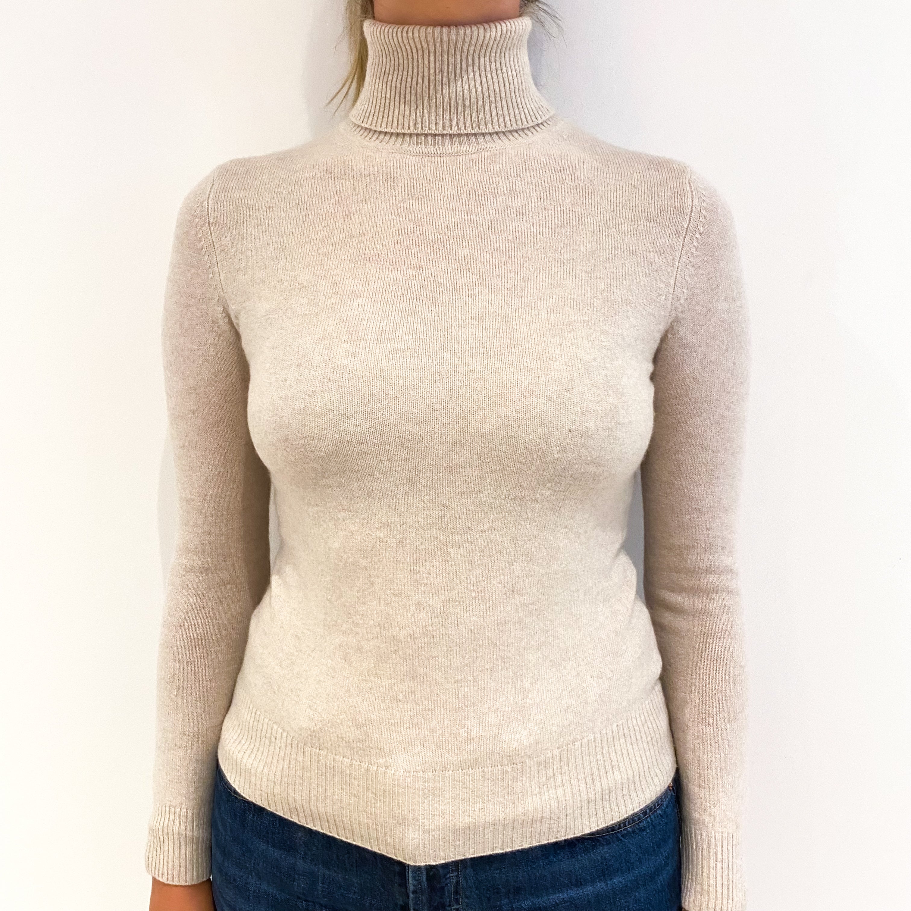 Oatmeal Beige Cashmere Polo Neck Jumper Small