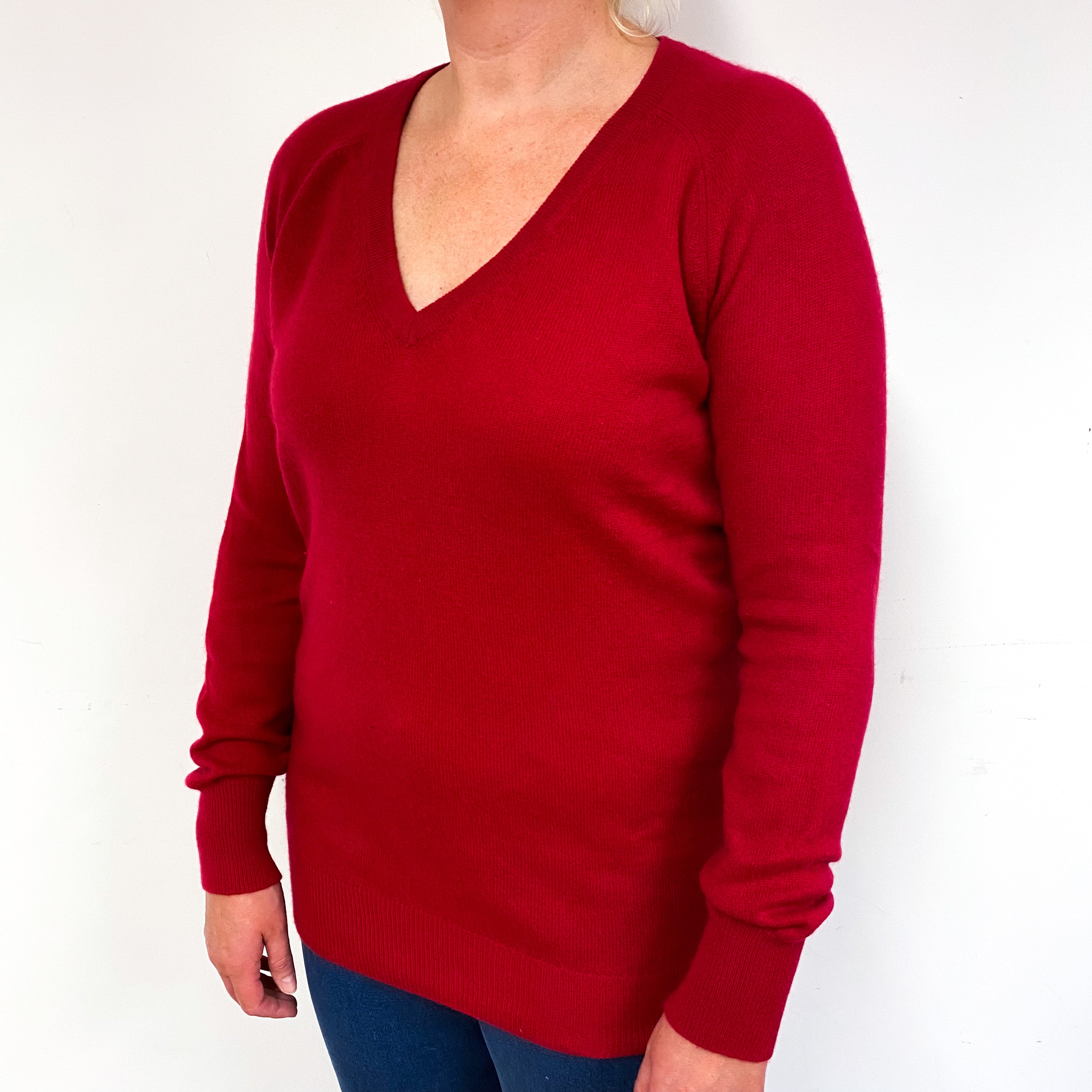 Ruby Red Cashmere Low V-Neck Jumper Large