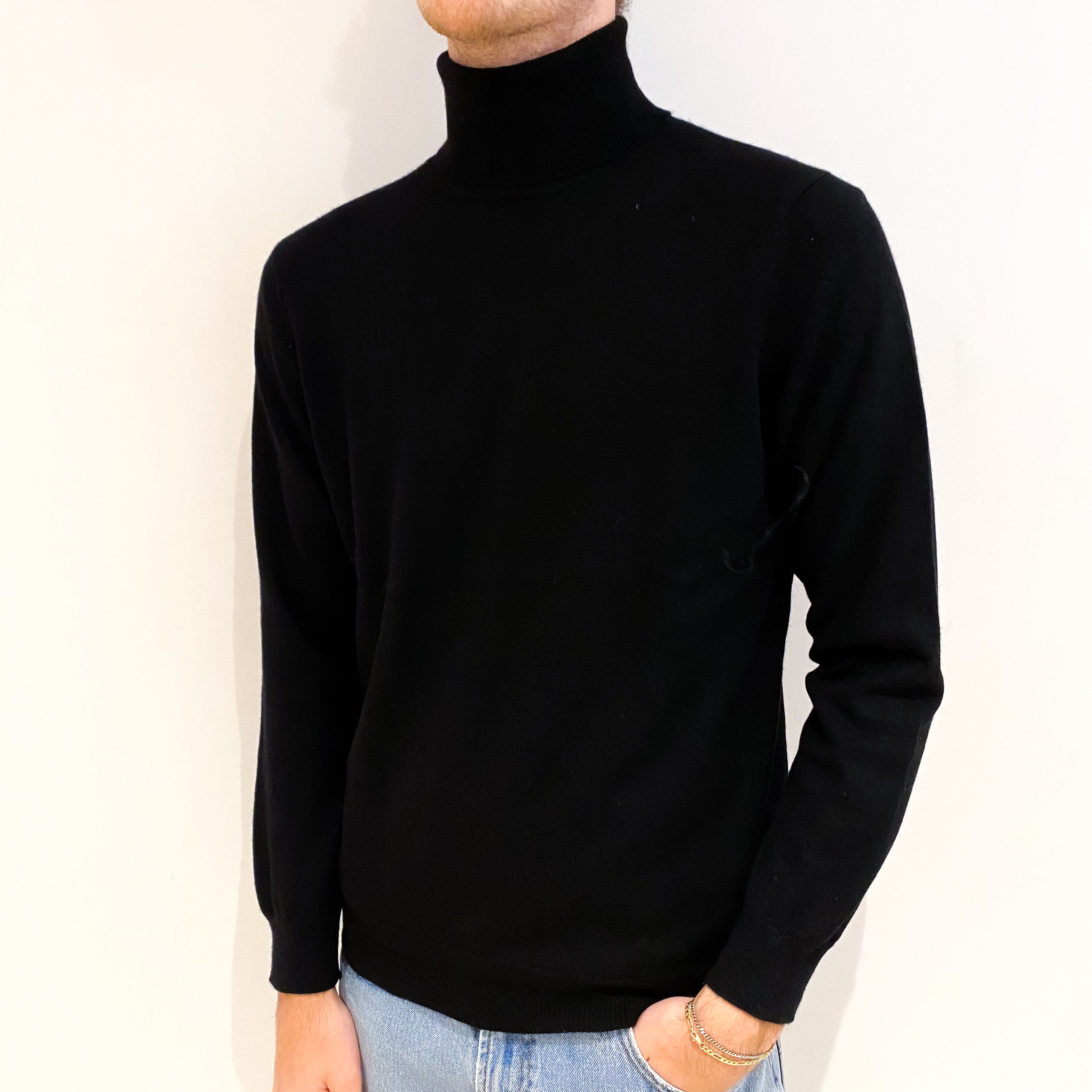 Men's Black Cashmere Polo Neck Jumper Medium