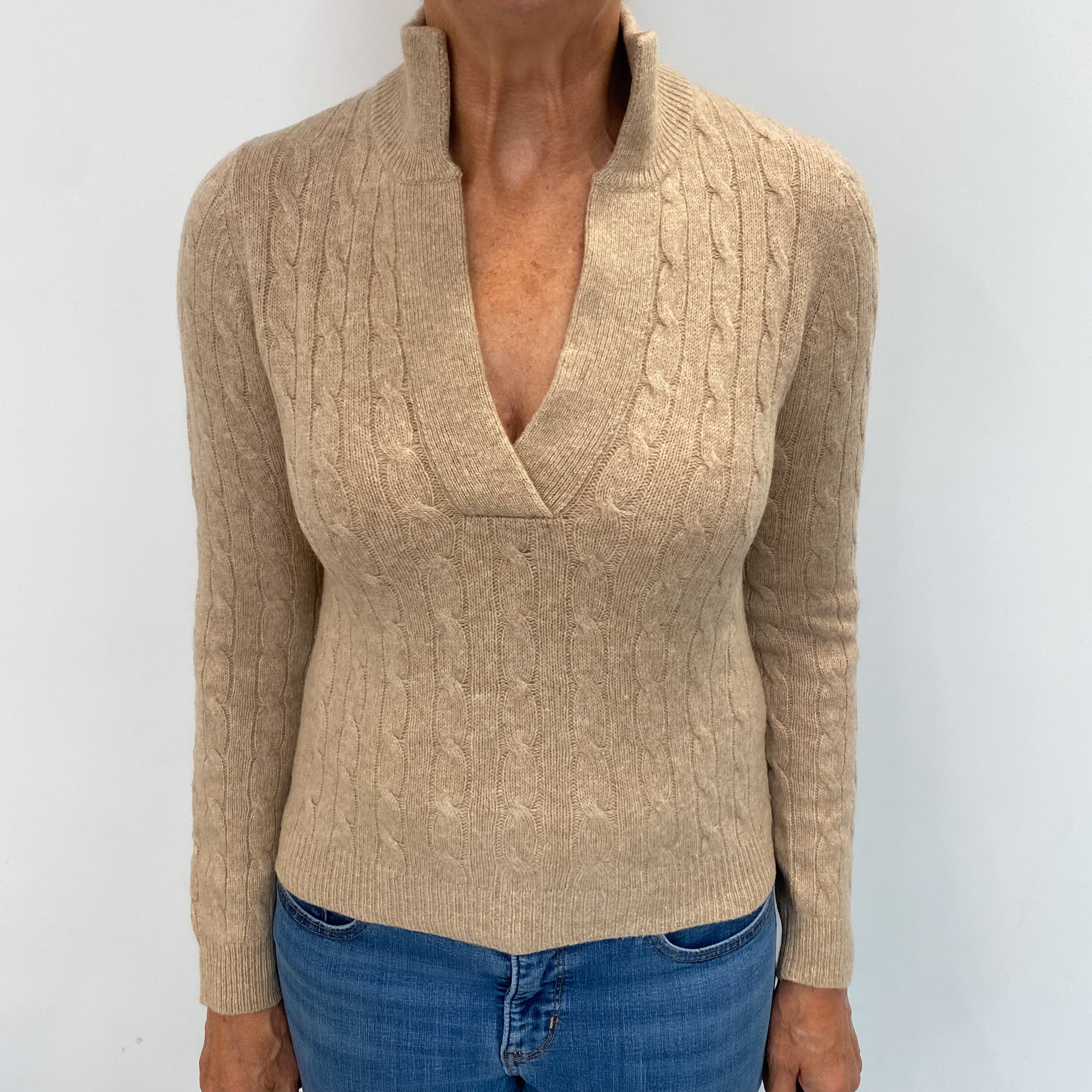Biscuit Beige Cashmere Collared V Neck Jumper Medium