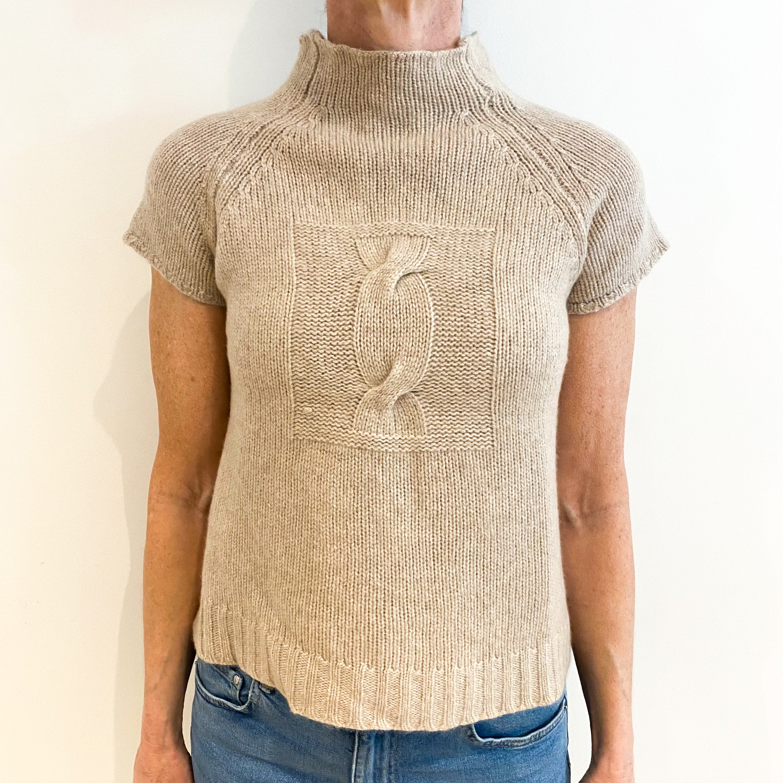 Oatmeal Beige Cashmere Funnel Neck Short Sleeved Jumper Small