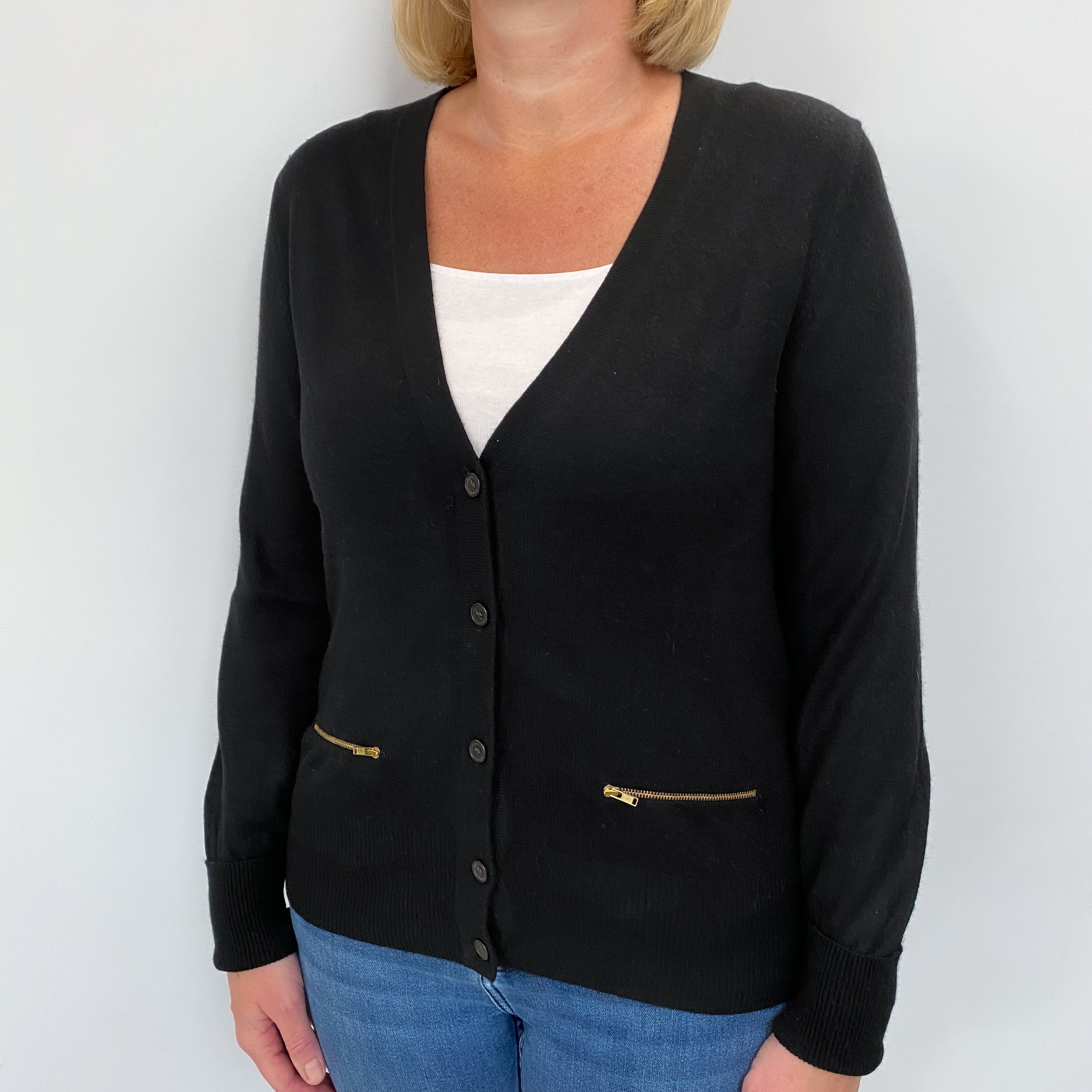 Black Cashmere V Neck Cardigan Large