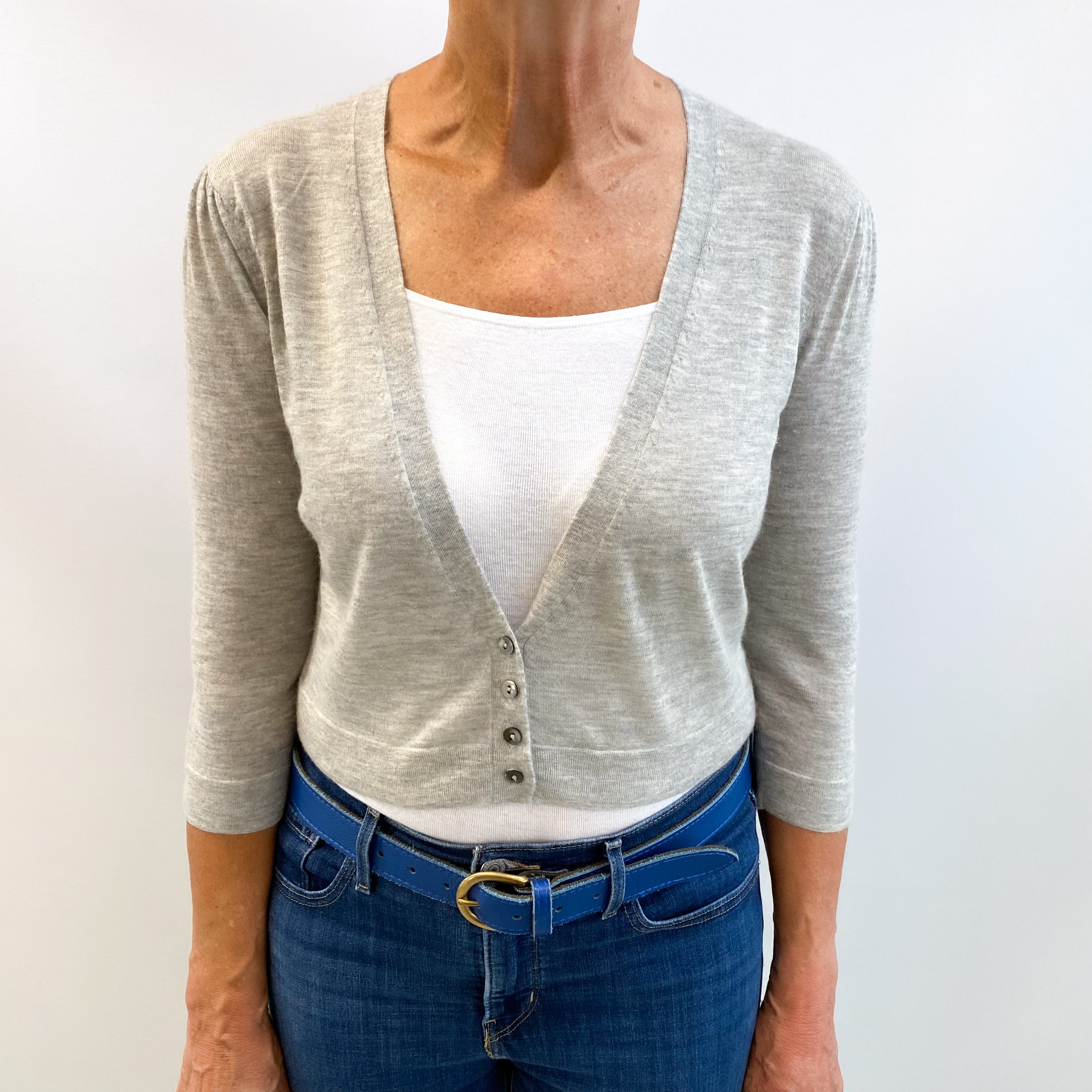 Smoke Grey Cashmere V Neck Fine Knit Cardigan Medium