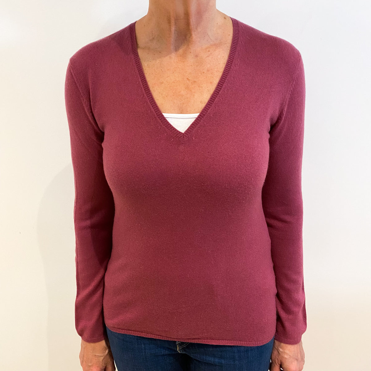 Heather Pink Cashmere V Neck Jumper Medium
