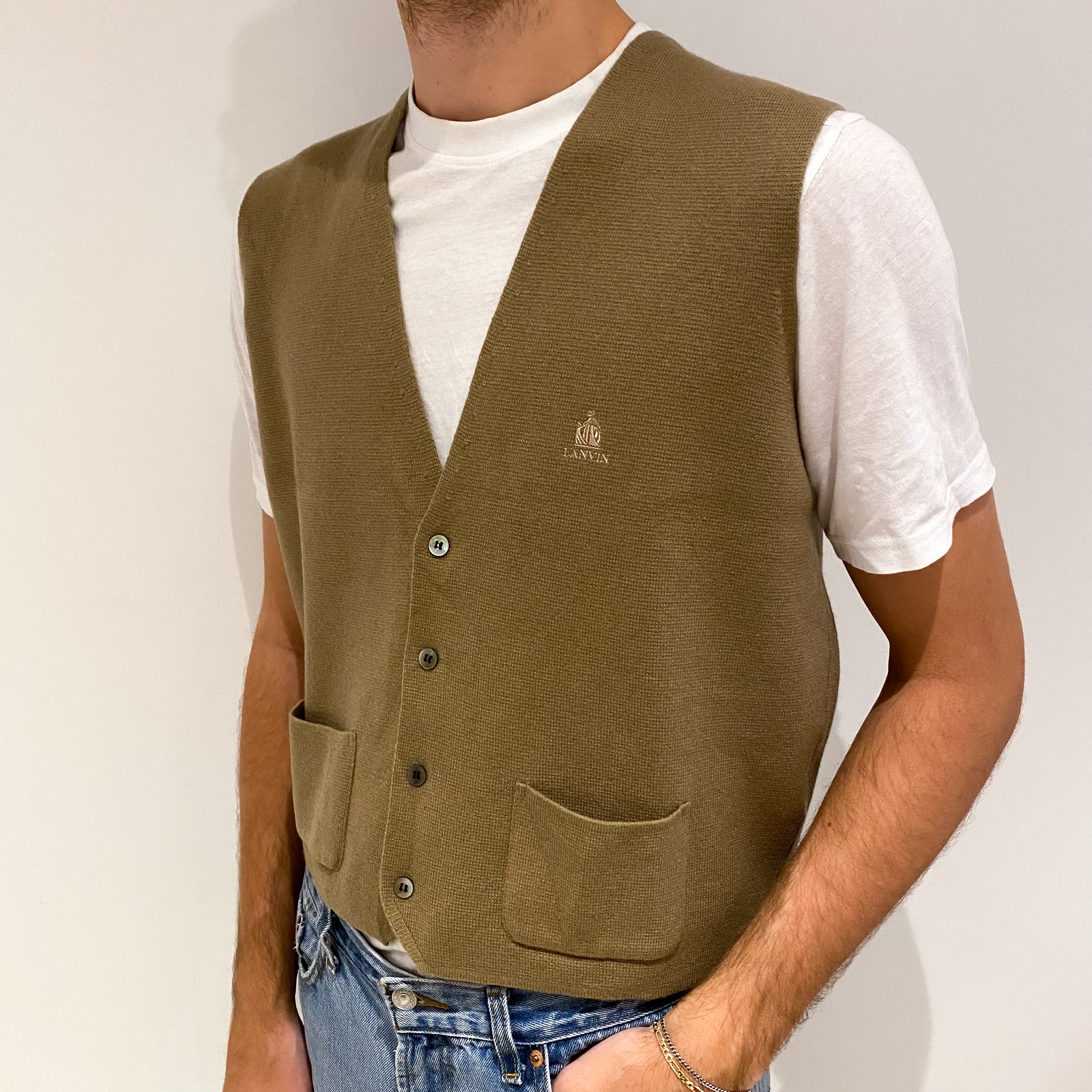 Men's Lanvin Camel Brown Cashmere V-Neck Waistcoat Large