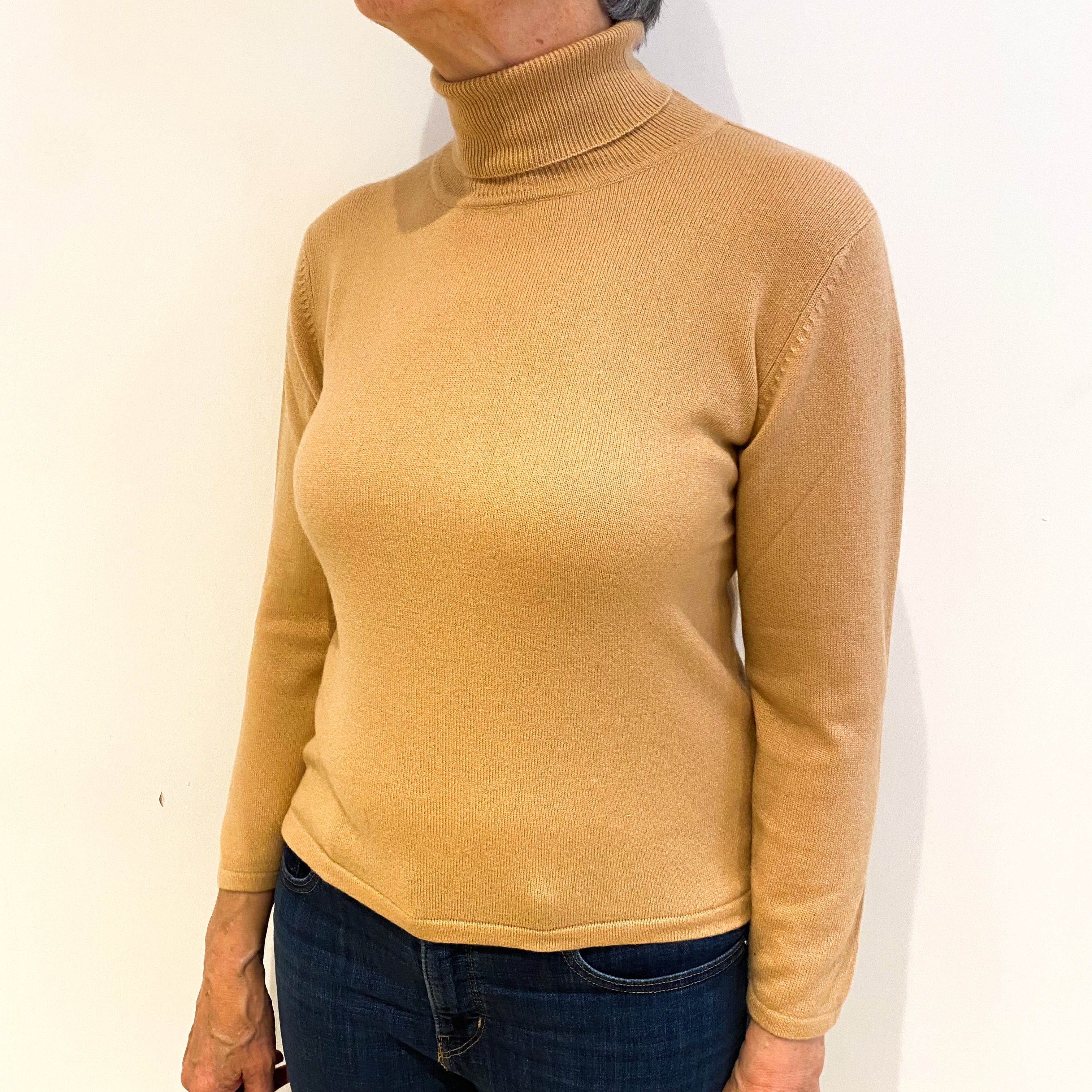 Camel Brown Cashmere Polo Neck Jumper Medium