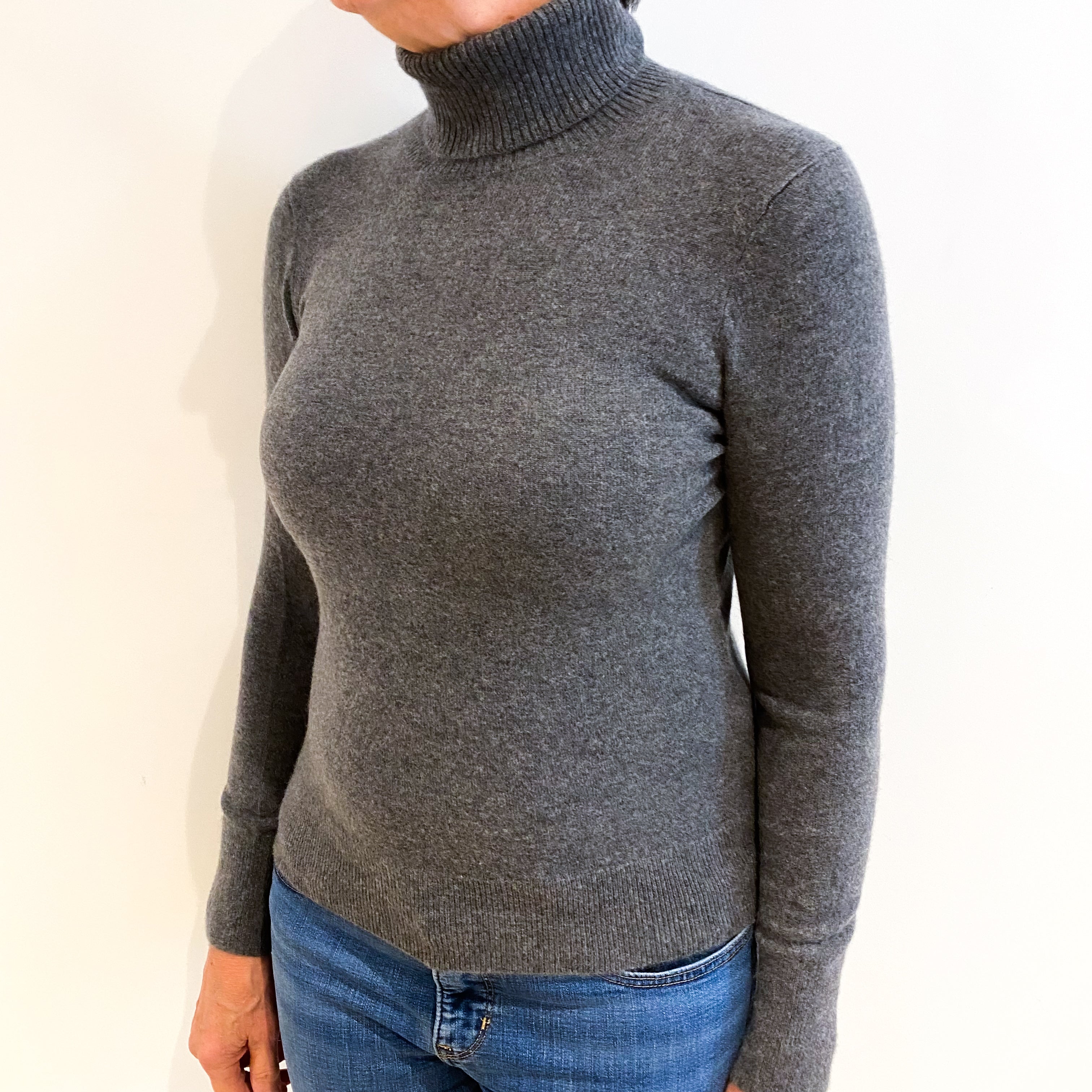 Slate Grey Cashmere Polo Neck Jumper Medium