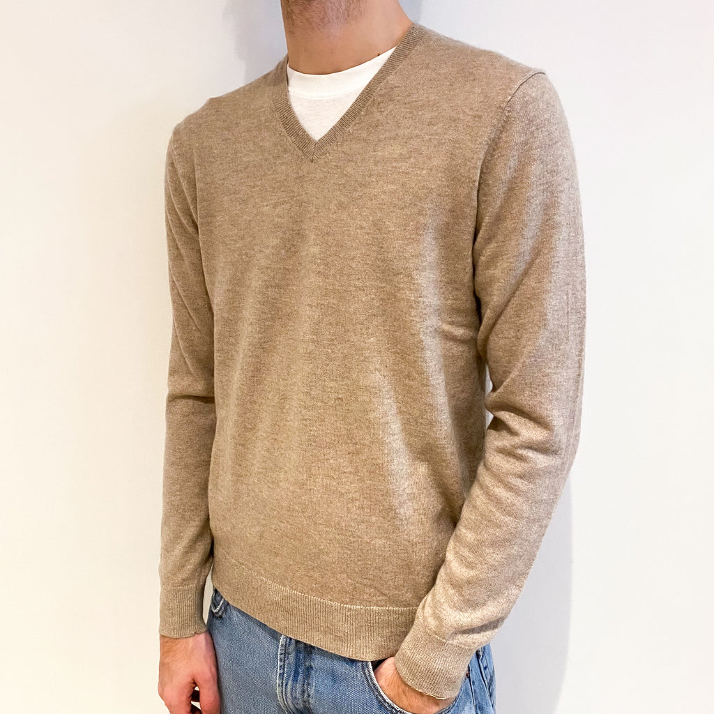 Men's Fawn Beige Cashmere V Neck Jumper Medium