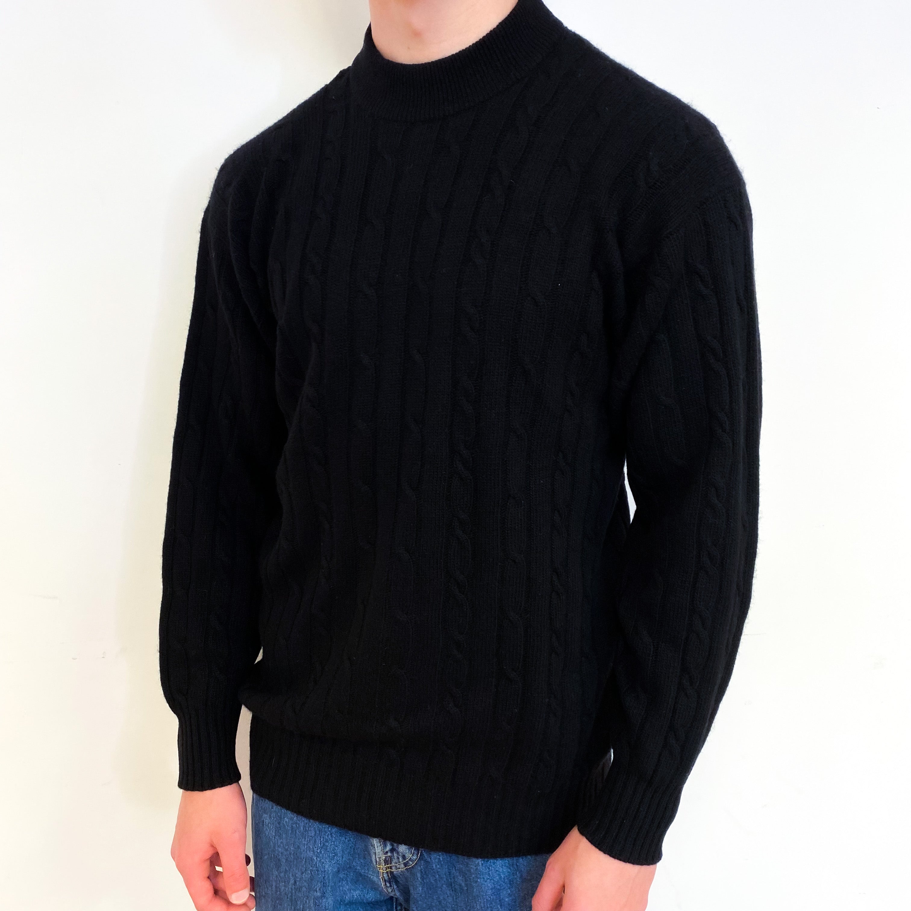 Men's Black Chunky Cable Cashmere Crew Neck Jumper Small