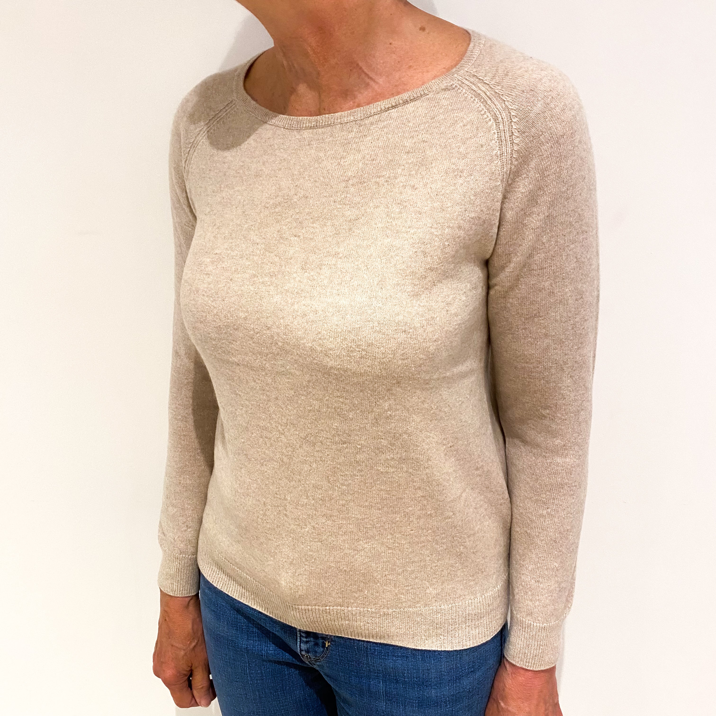 Oatmeal Beige Cashmere Crew Neck Jumper Medium