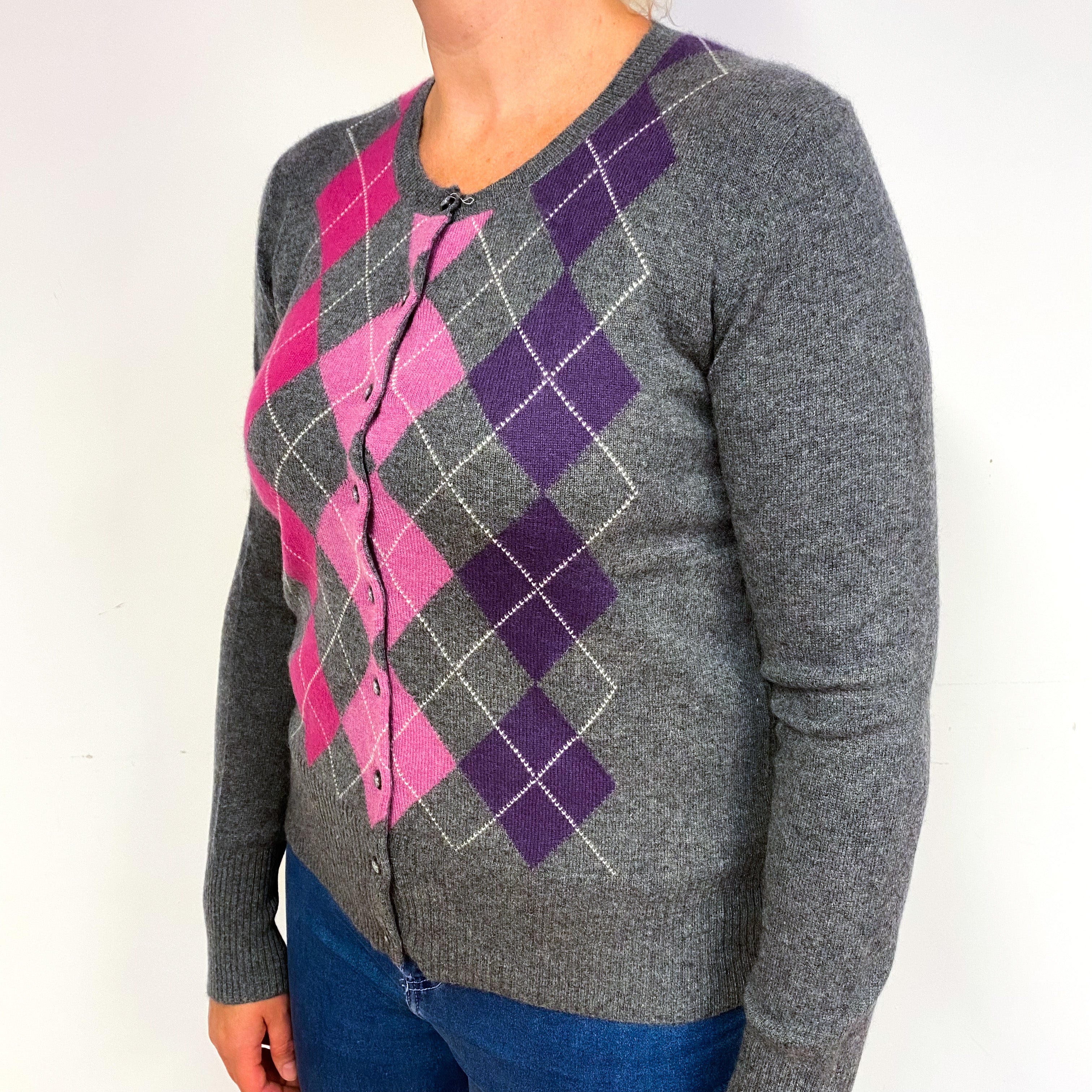 Grey Pink Argyle Cashmere Crew Neck Cardigan Large