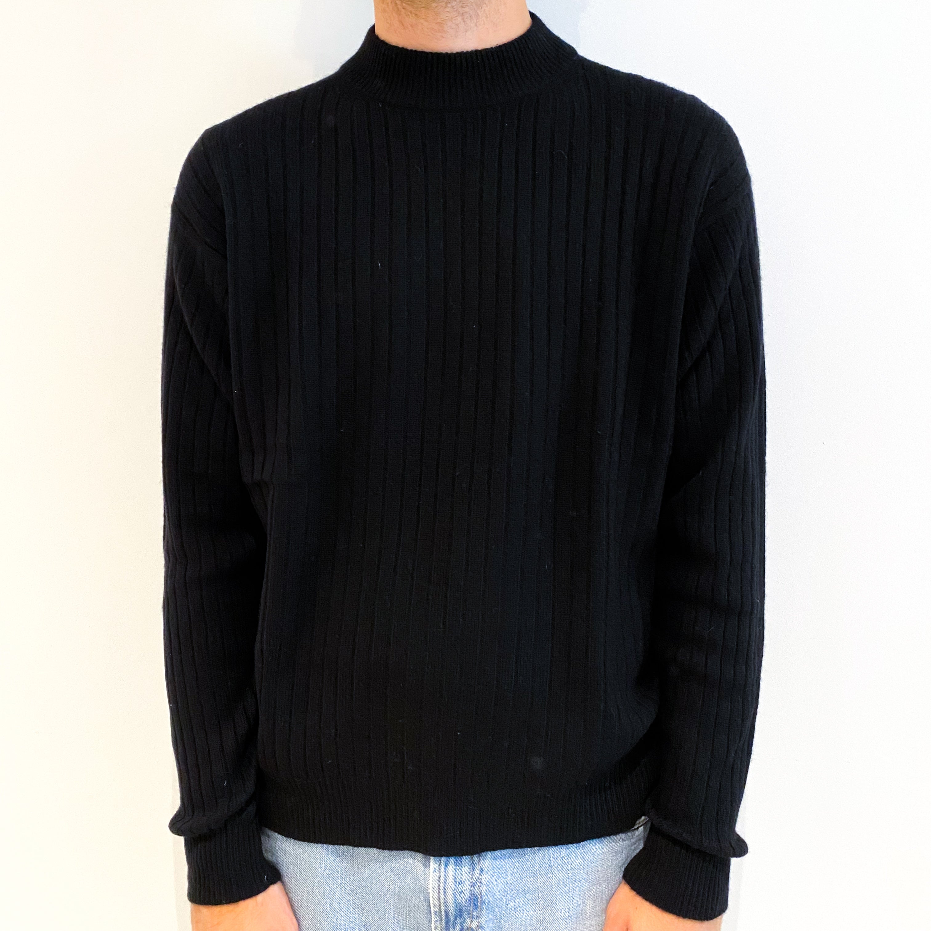 Men's Black Rib Knit Cashmere Crew Neck Jumper Large