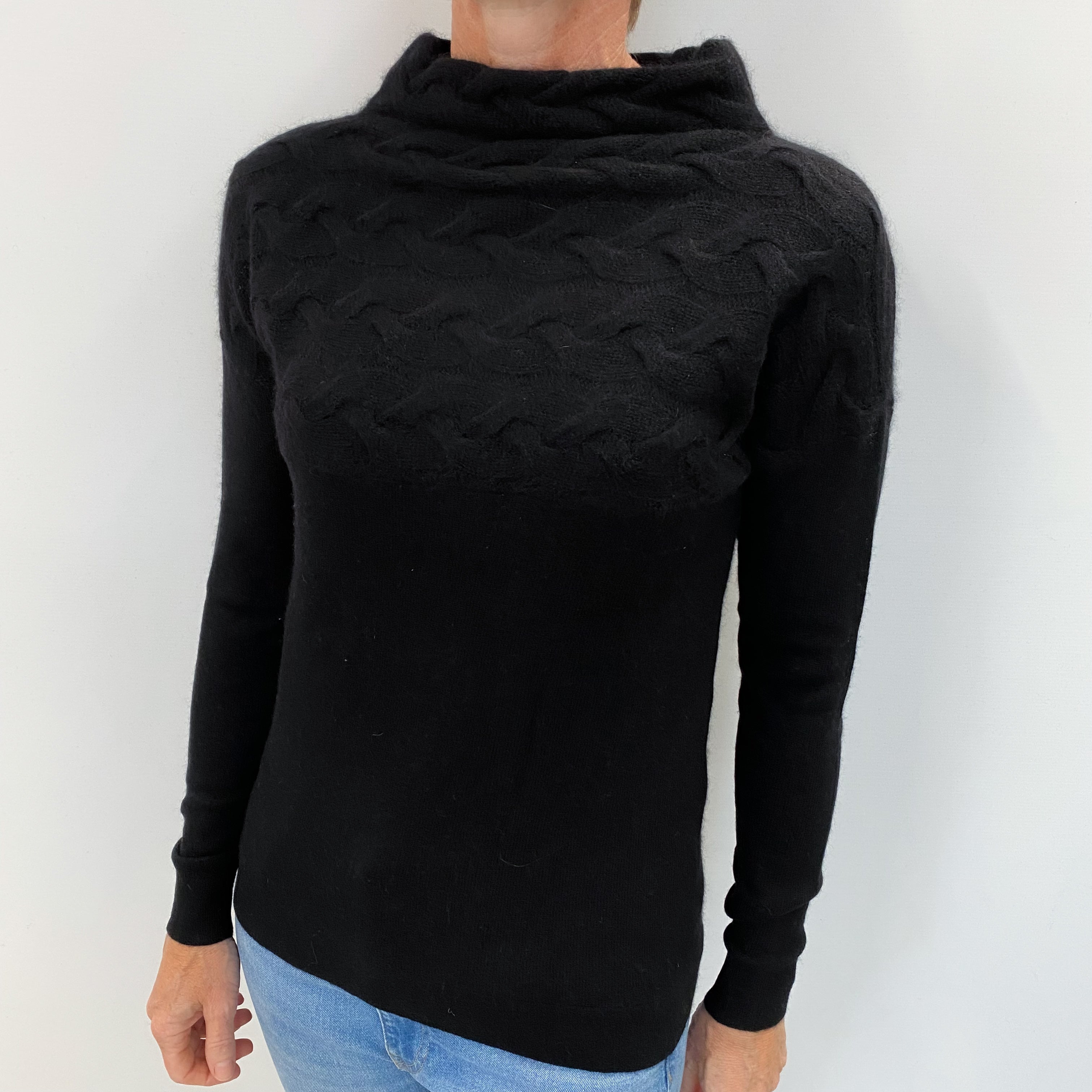 Black Cashmere Funnel Neck Cable Knit Jumper Small