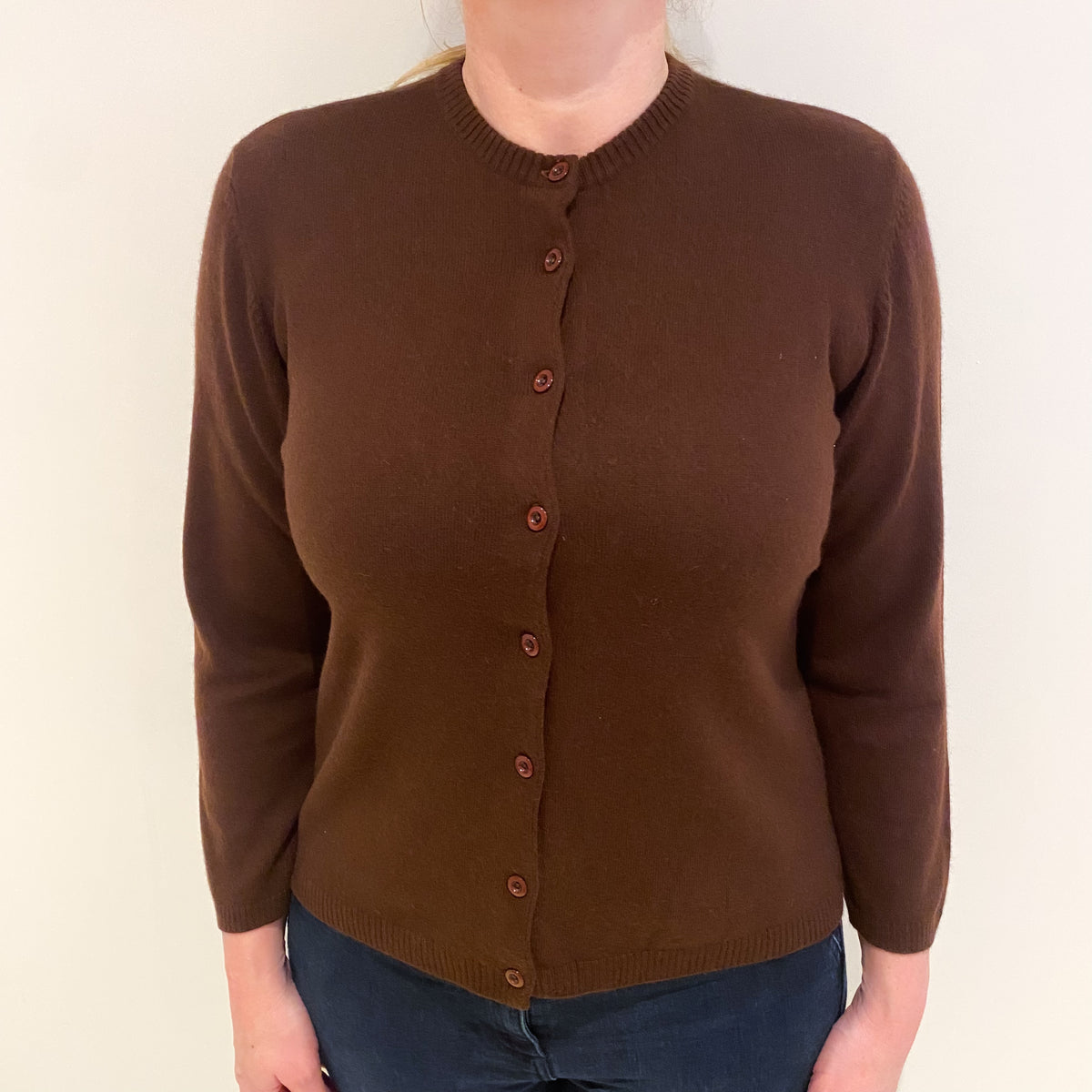 Rich Chocolate Brown Cashmere Crew Neck Cardigan Large