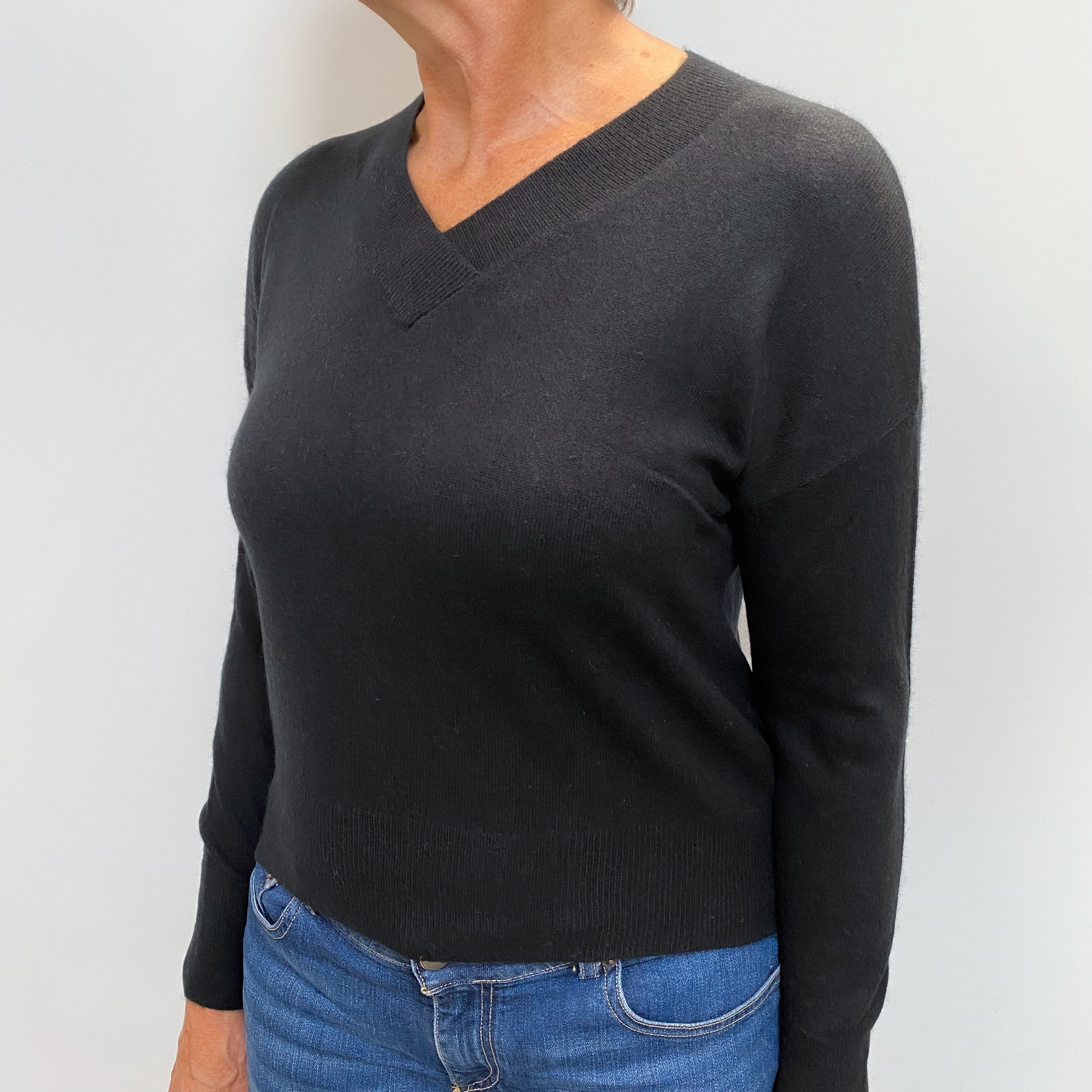Black Cashmere Cross Over V Neck Jumper Medium