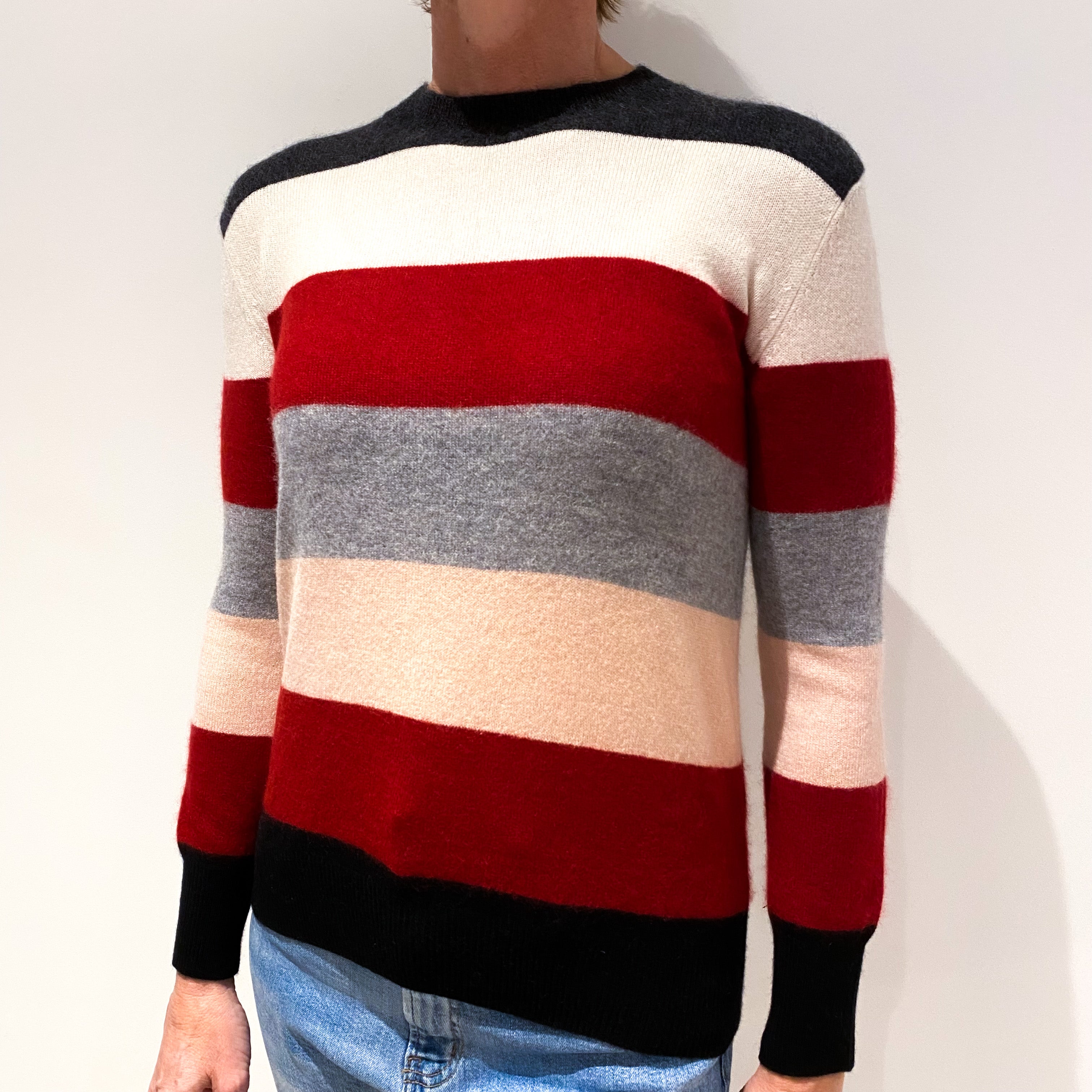 Red, Cream and Grey Stripes Cashmere Crew Neck Jumper Small