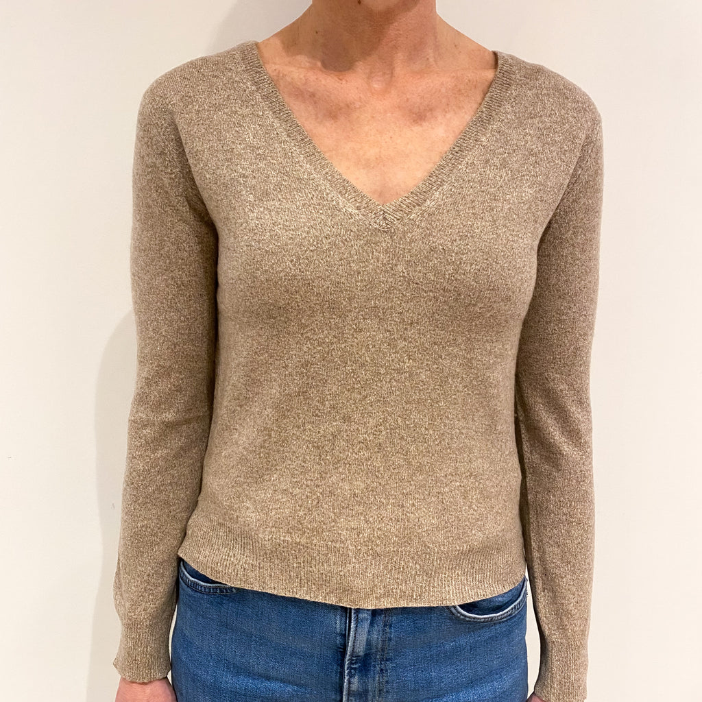 Mink Brown Marl Cashmere V Neck Jumper Small