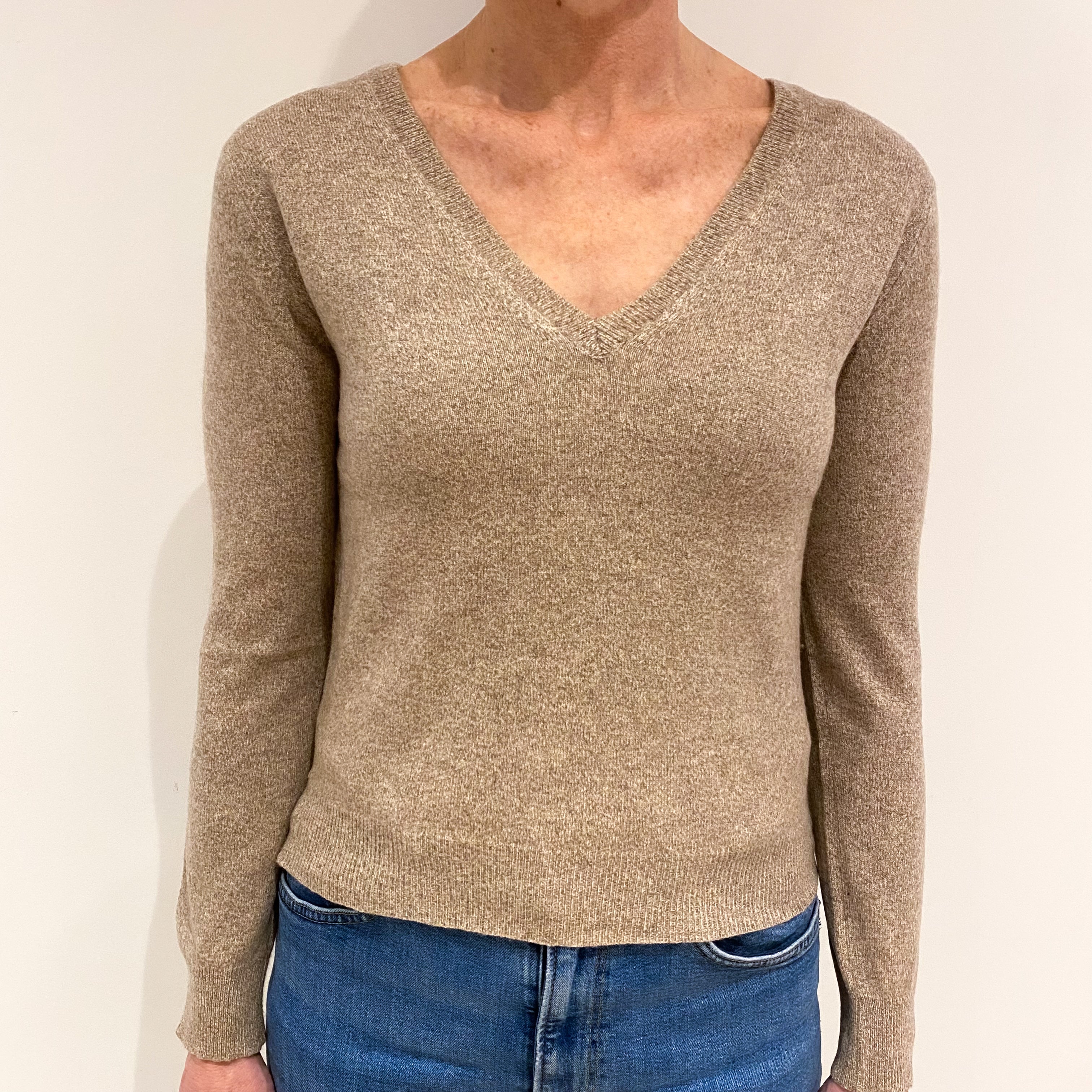 Mink Brown Marl Cashmere V Neck Jumper Small