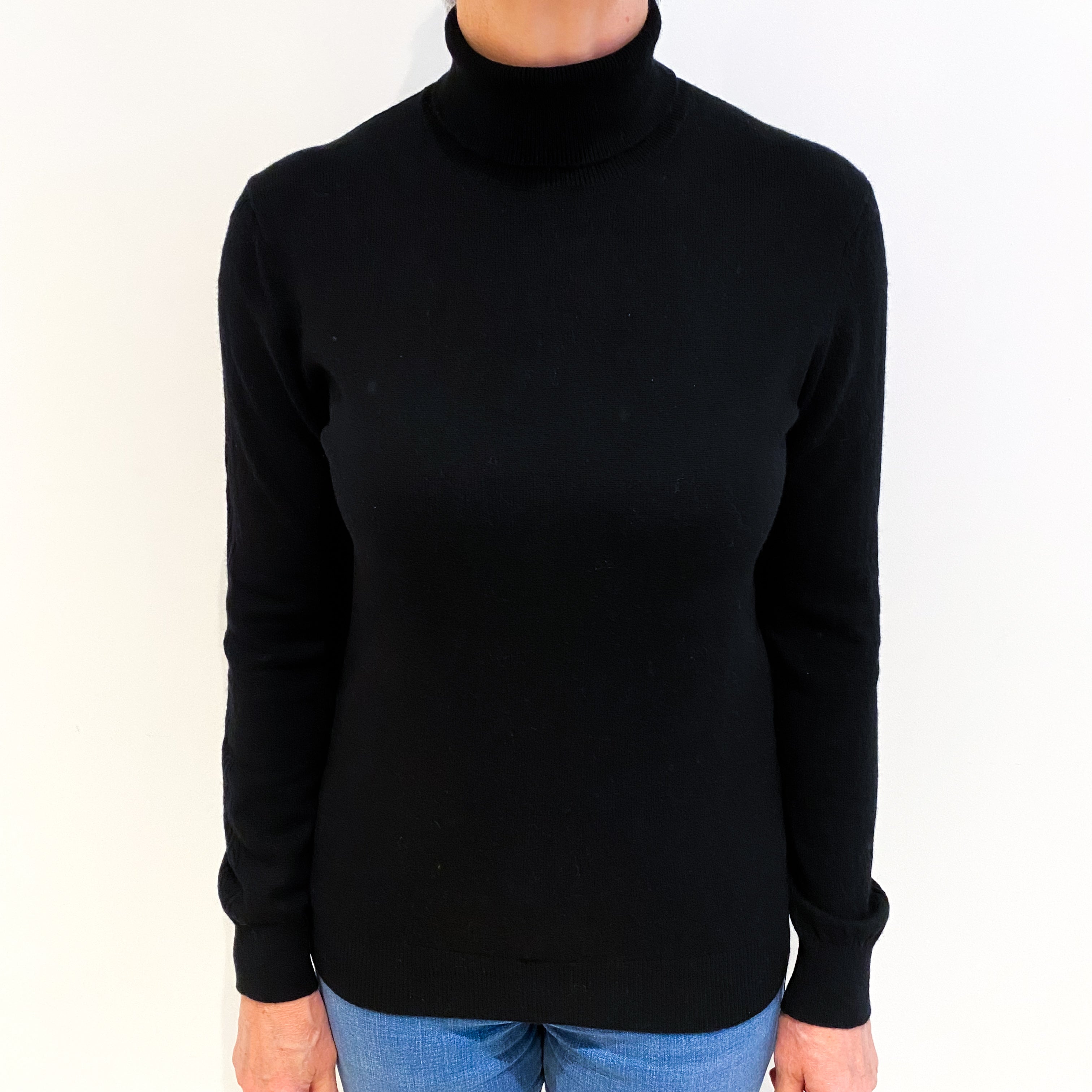 Black Textured Cashmere Polo Neck Jumper Medium