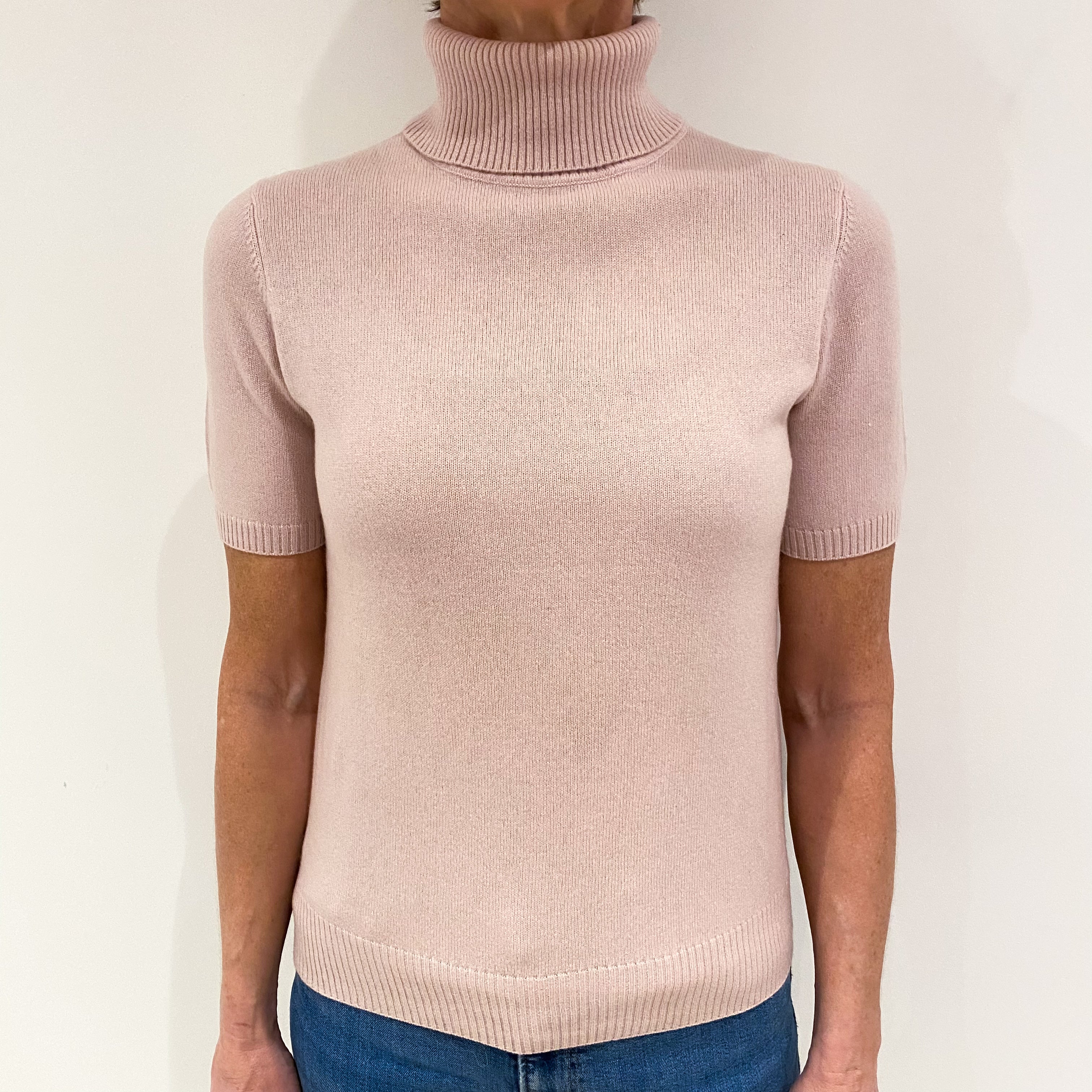 Pale Mauve Pink Cashmere Short Sleeved Polo Neck Jumper Small