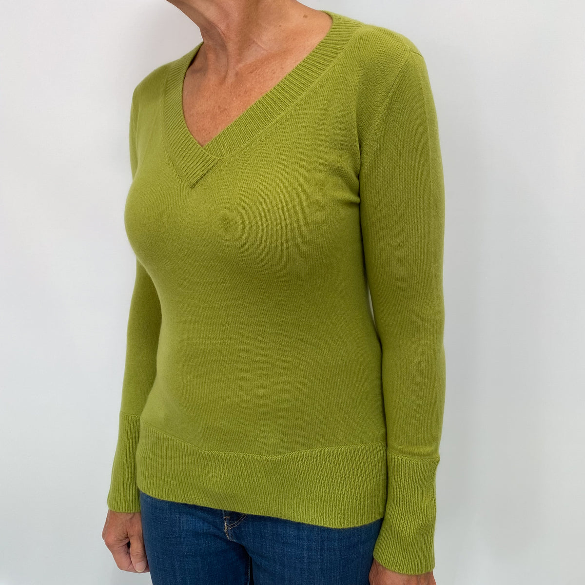 Lime Green Cashmere V Neck Jumper Medium