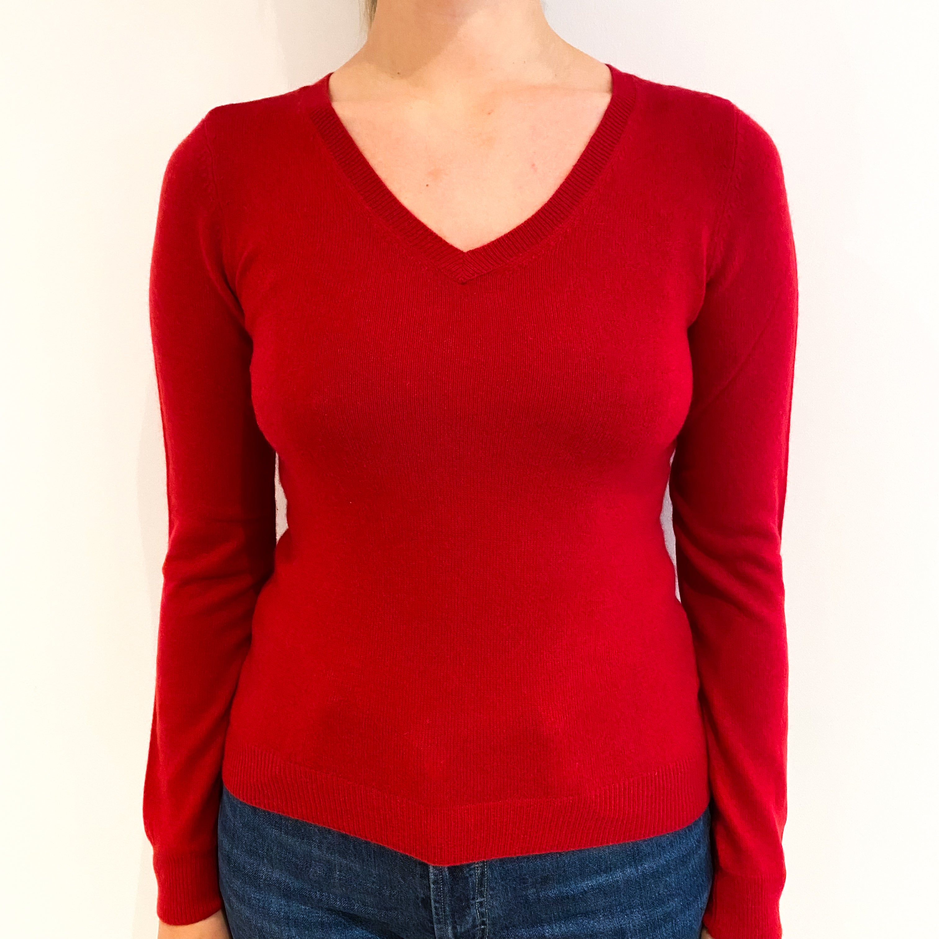 Post Box Red Cashmere V-Neck Jumper Small