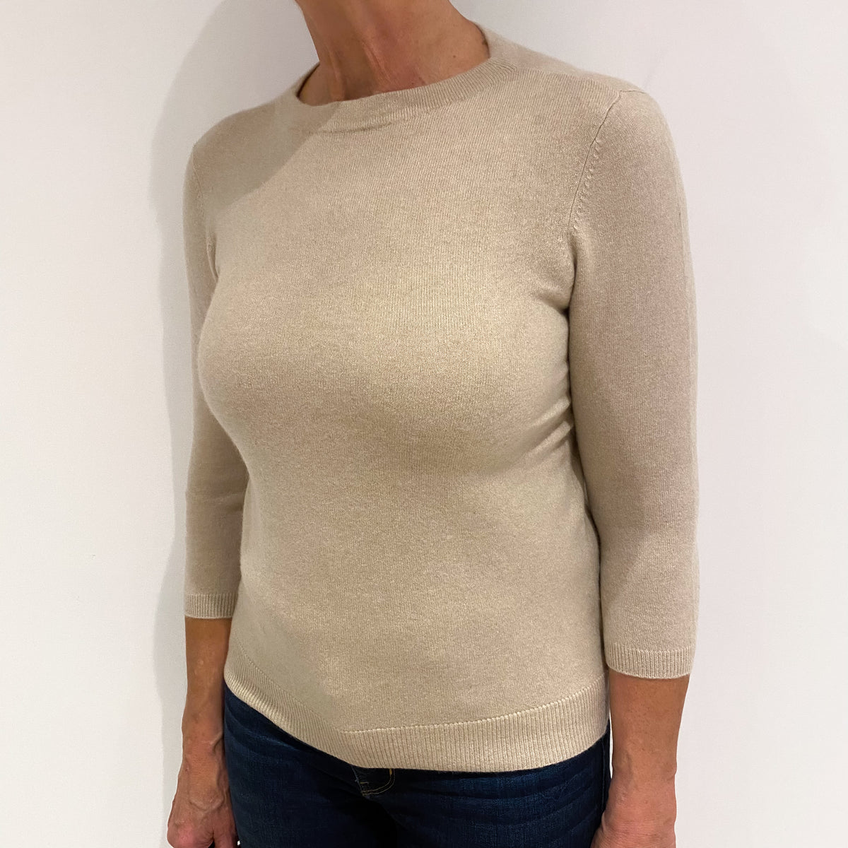 Soft Beige Cashmere High Crew Neck Jumper Medium
