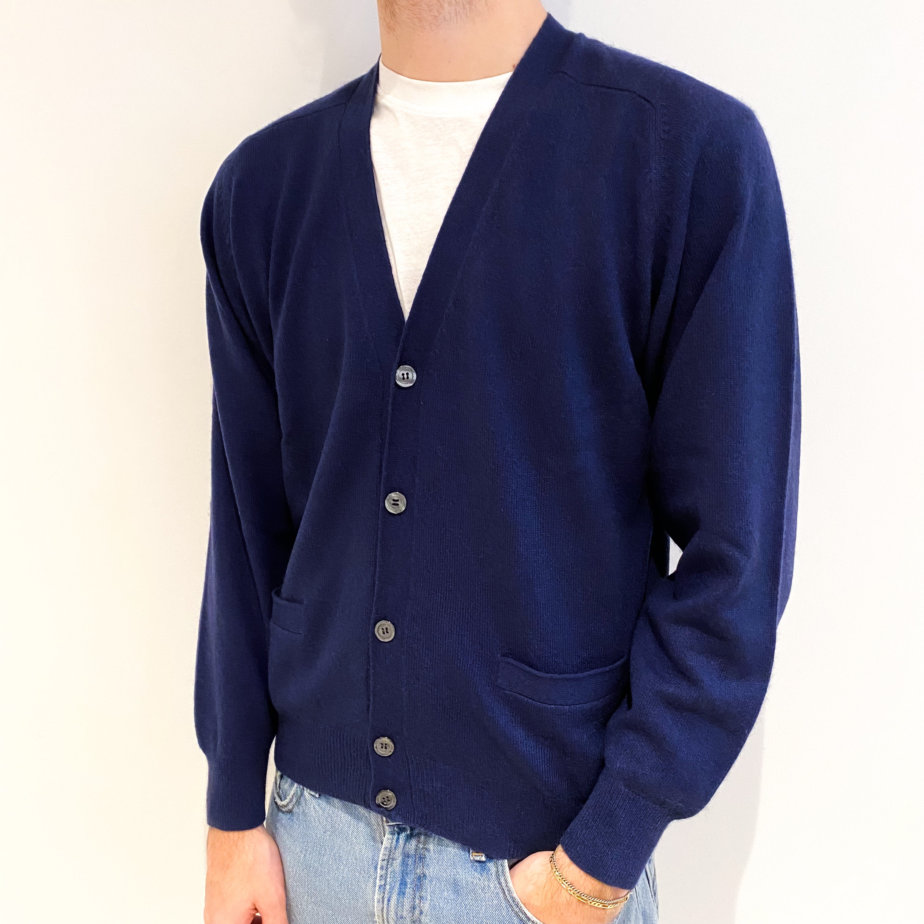 Men's Midnight Blue Cashmere V Neck Cardigan with Pockets Large