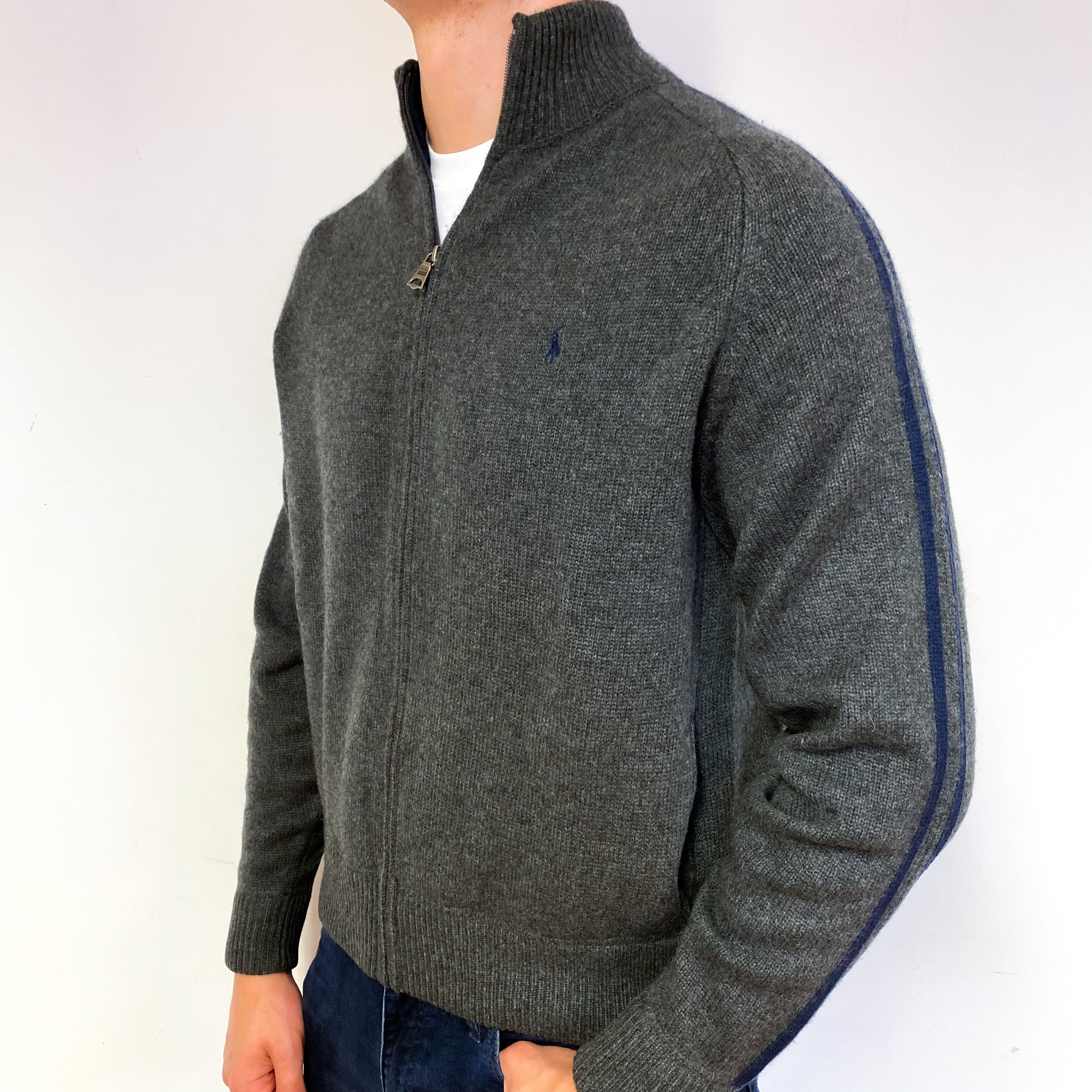 Men's Vintage Ralph Lauren Slate Grey Cashmere Zip Up Cardigan XL