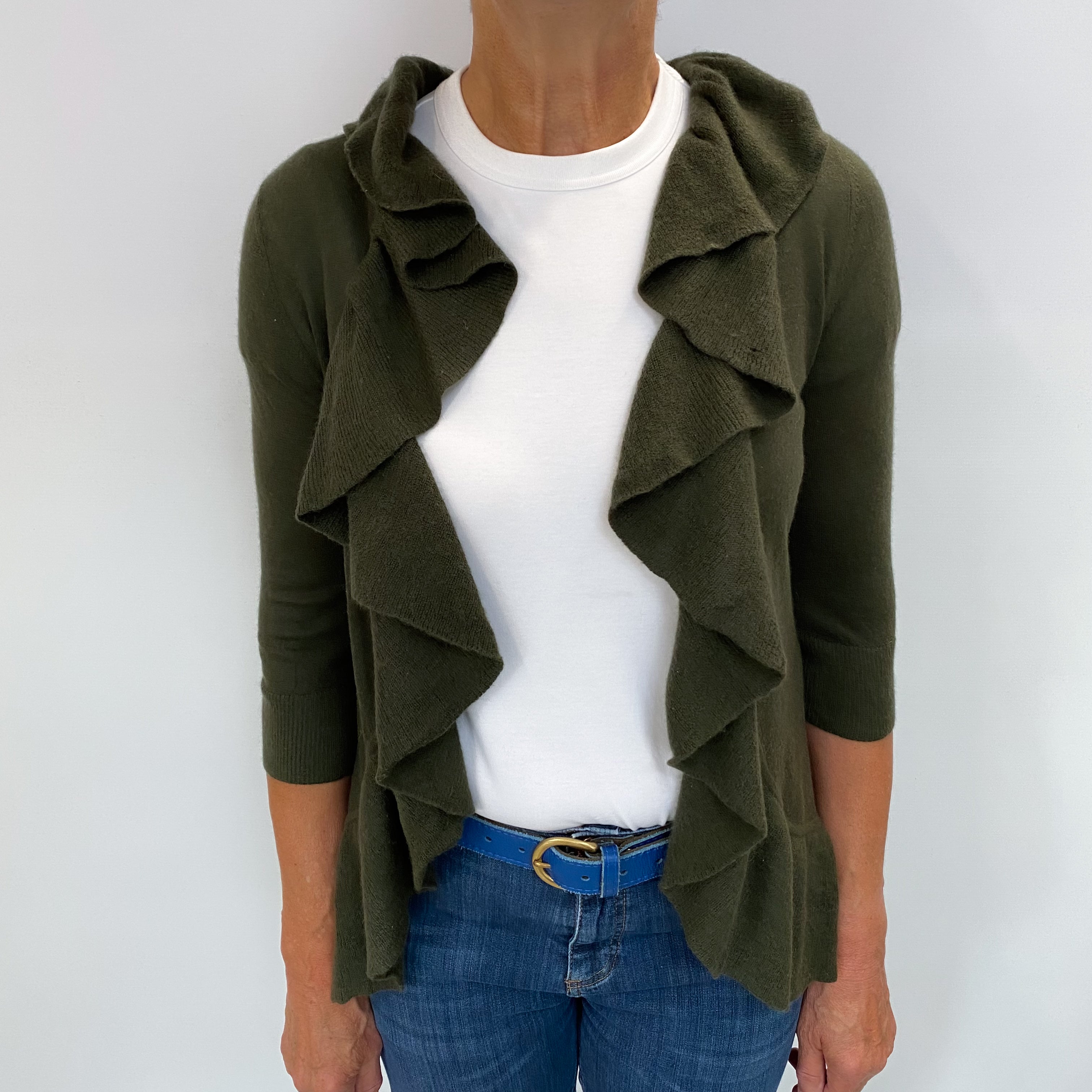 Deep Khaki Green Cashmere Edge To Edge Cardigan Medium