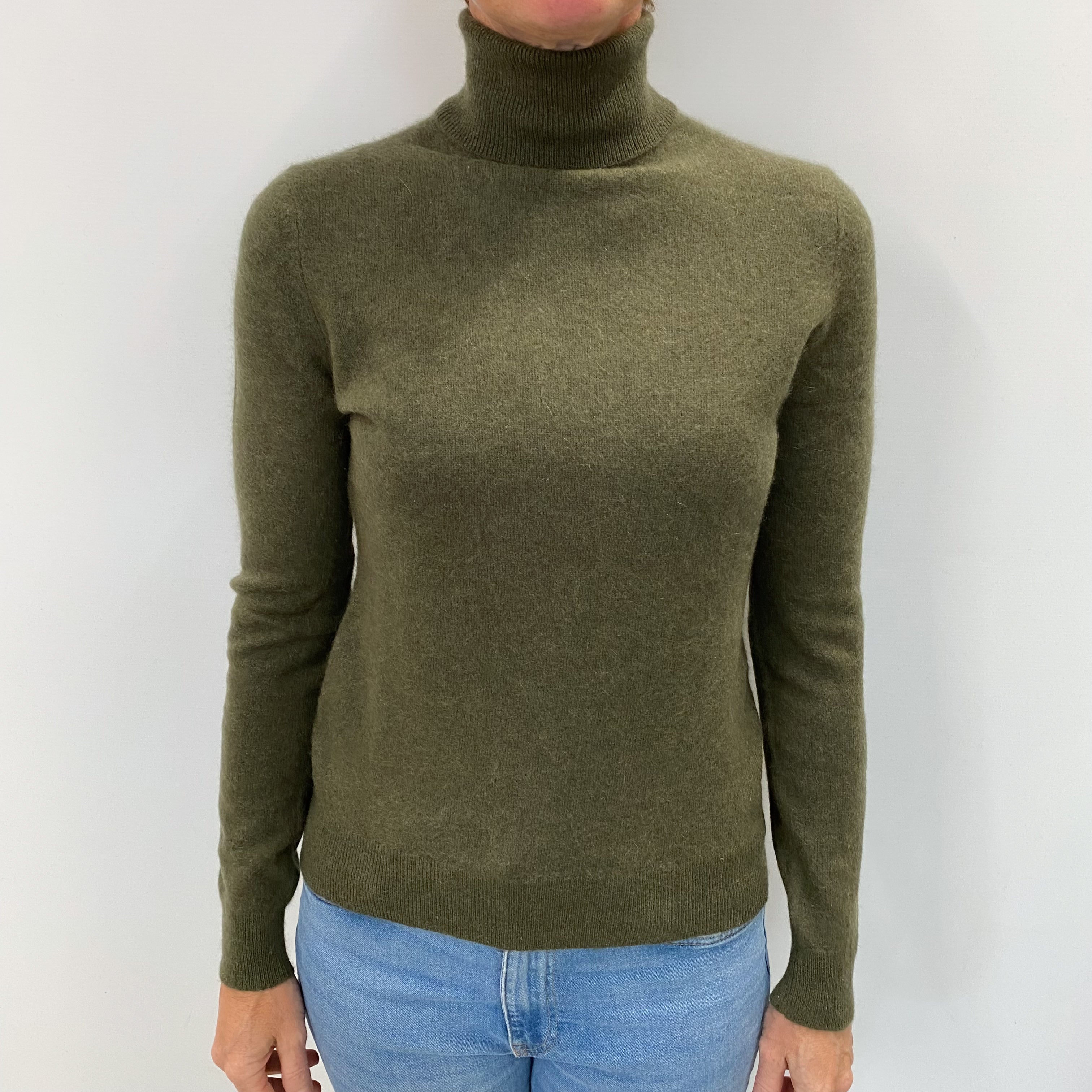 Olive Green Cashmere Polo Neck Jumper Small