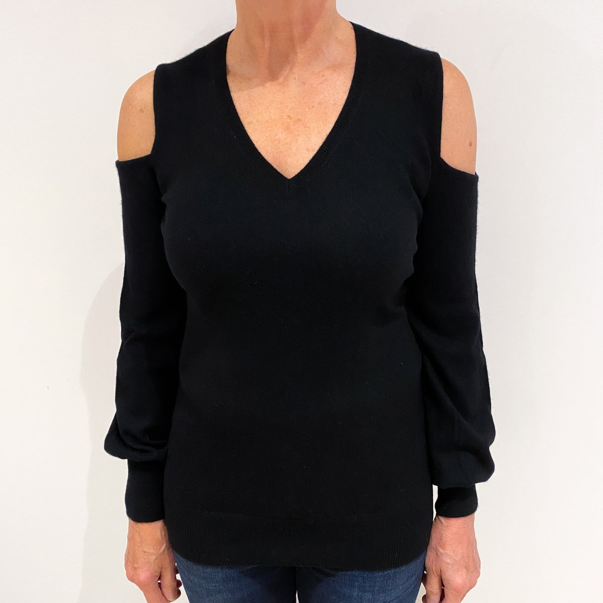 Black Cold Shoulder Cashmere V Neck Jumper Medium