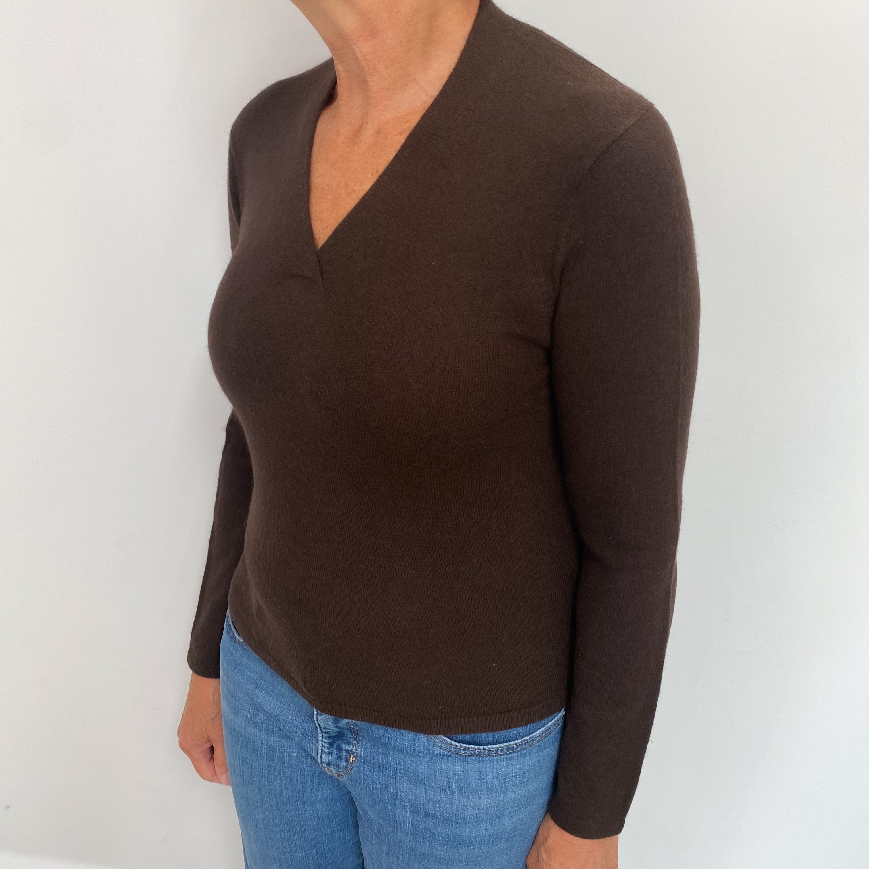 Dark Chocolate Brown Cashmere V Neck Jumper Medium
