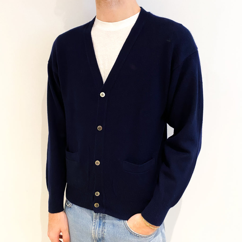 Men's Navy Blue Cashmere V Neck Cardigan with Pockets Medium