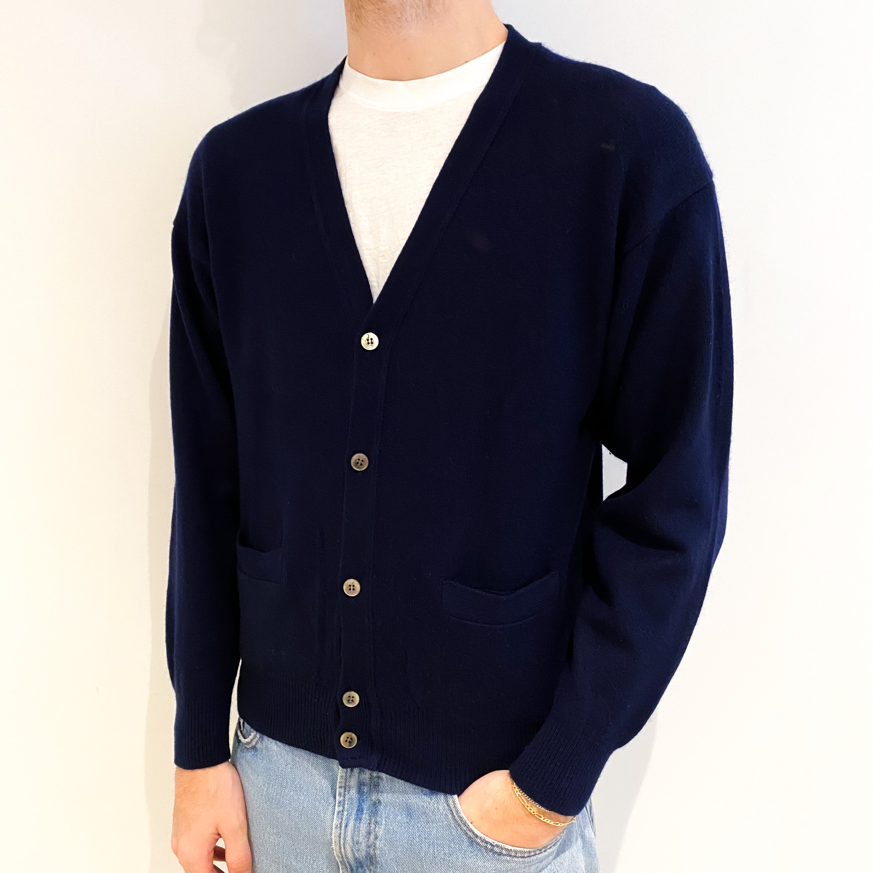 Men's Navy Blue Cashmere V Neck Cardigan with Pockets Medium