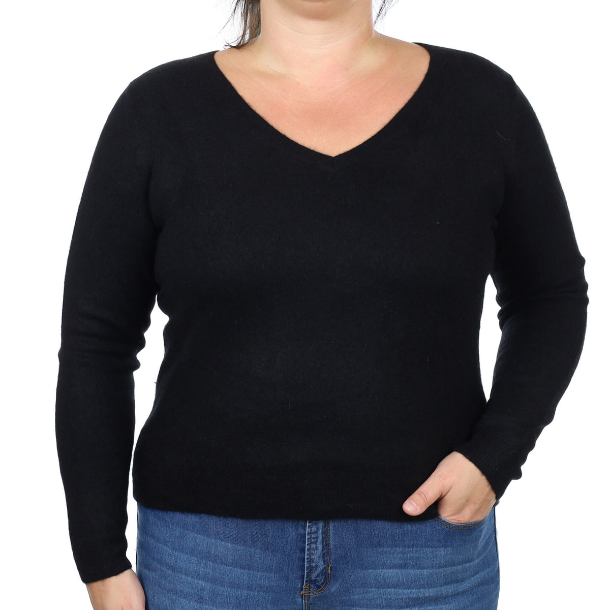 Black Cashmere V Neck Jumper Large