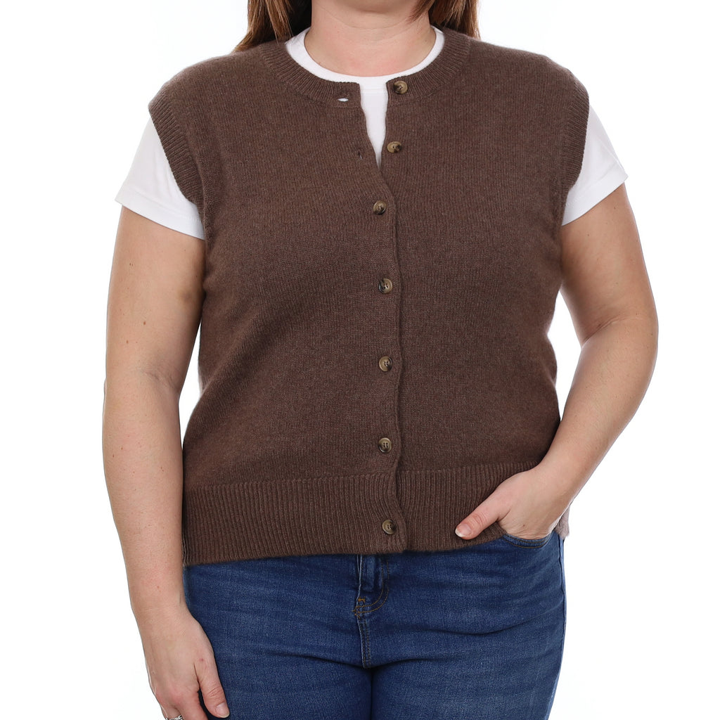 Brand New Mocha Luxury Cashmere Crew Neck Waistcoat Large UK 16-18