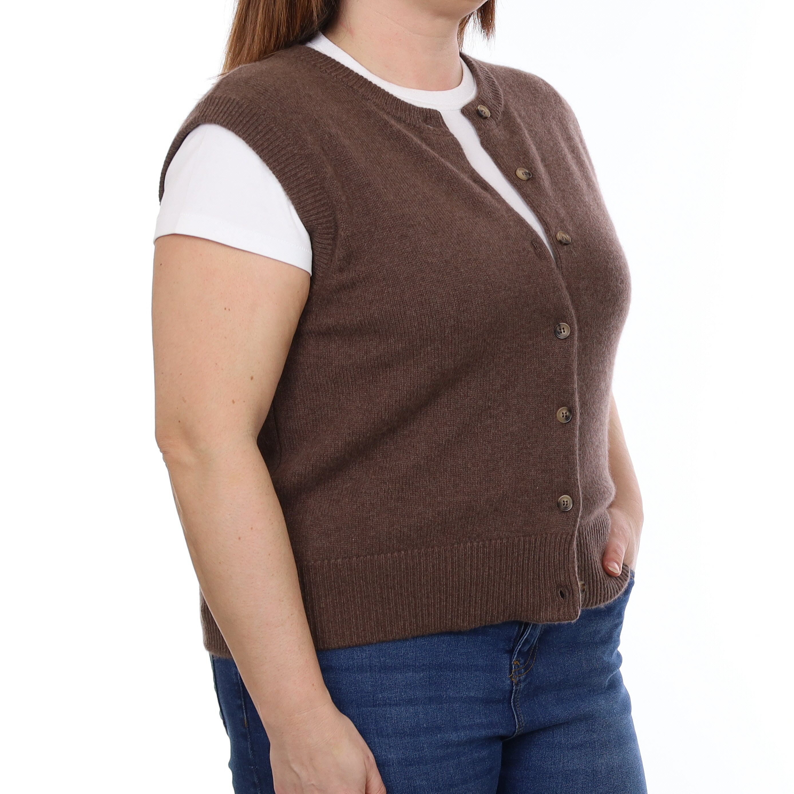 Brand New Mocha Luxury Cashmere Crew Neck Waistcoat Large UK 16-18