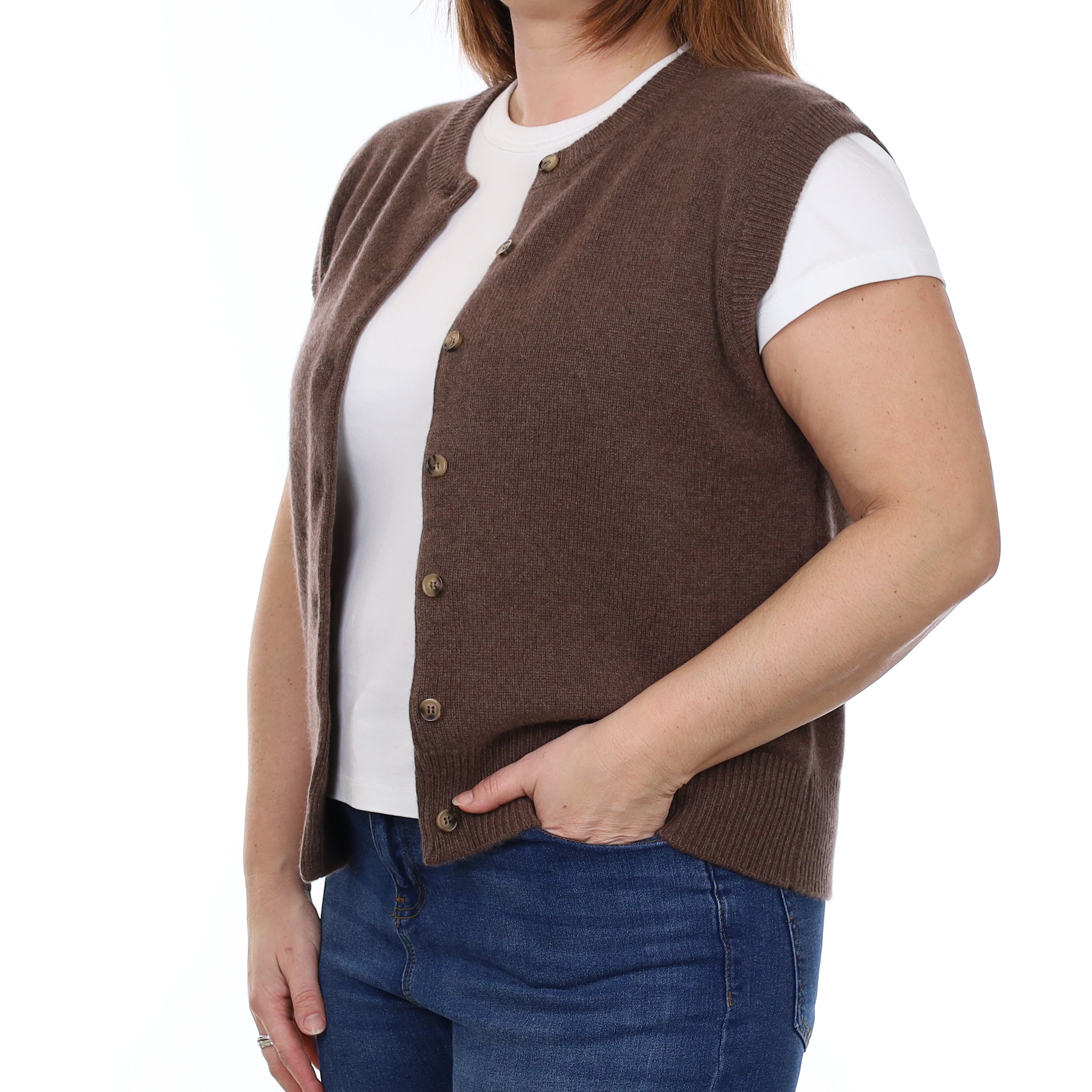 Brand New Mocha Luxury Cashmere Crew Neck Waistcoat Large UK 16-18