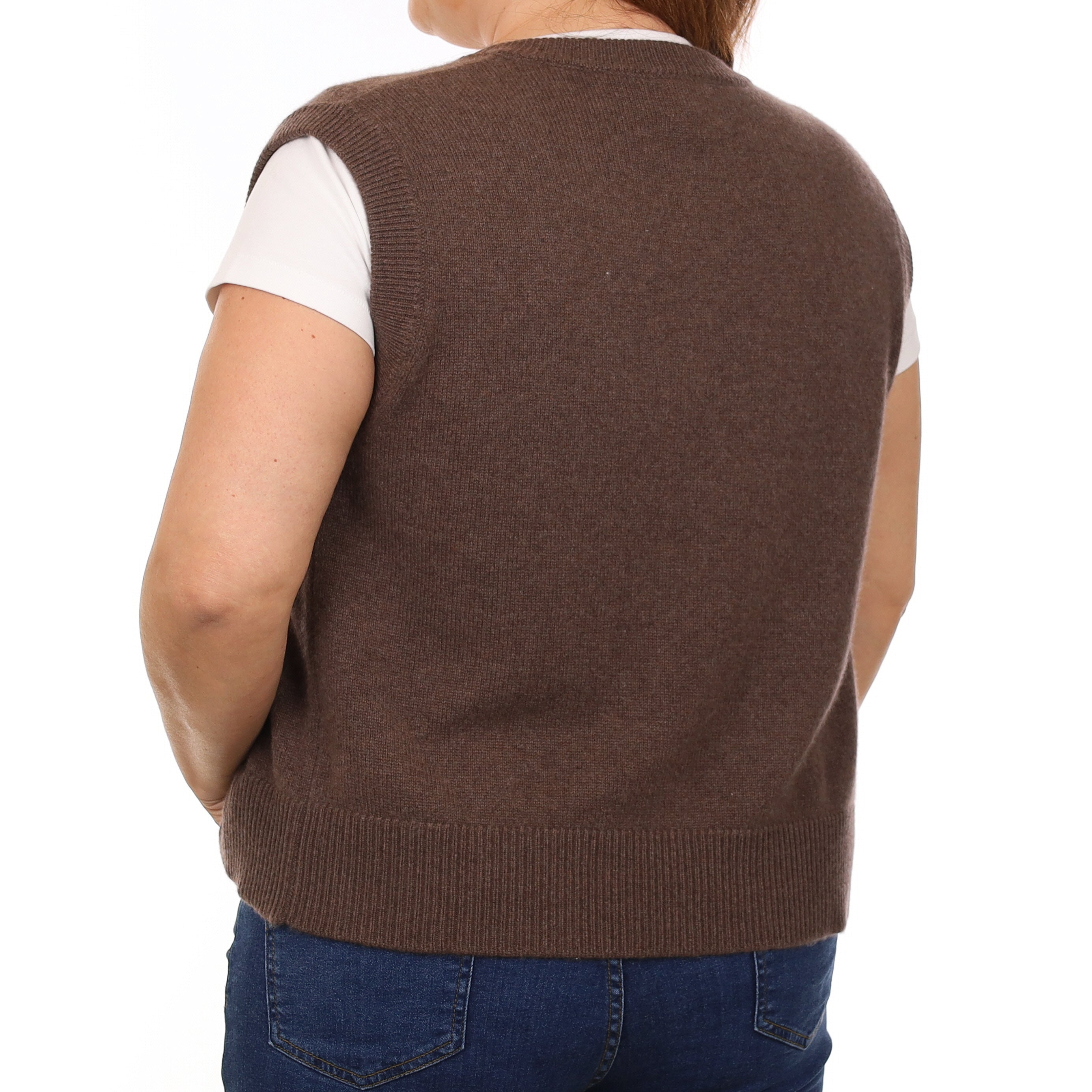 Brand New Mocha Luxury Cashmere Crew Neck Waistcoat Large UK 16-18