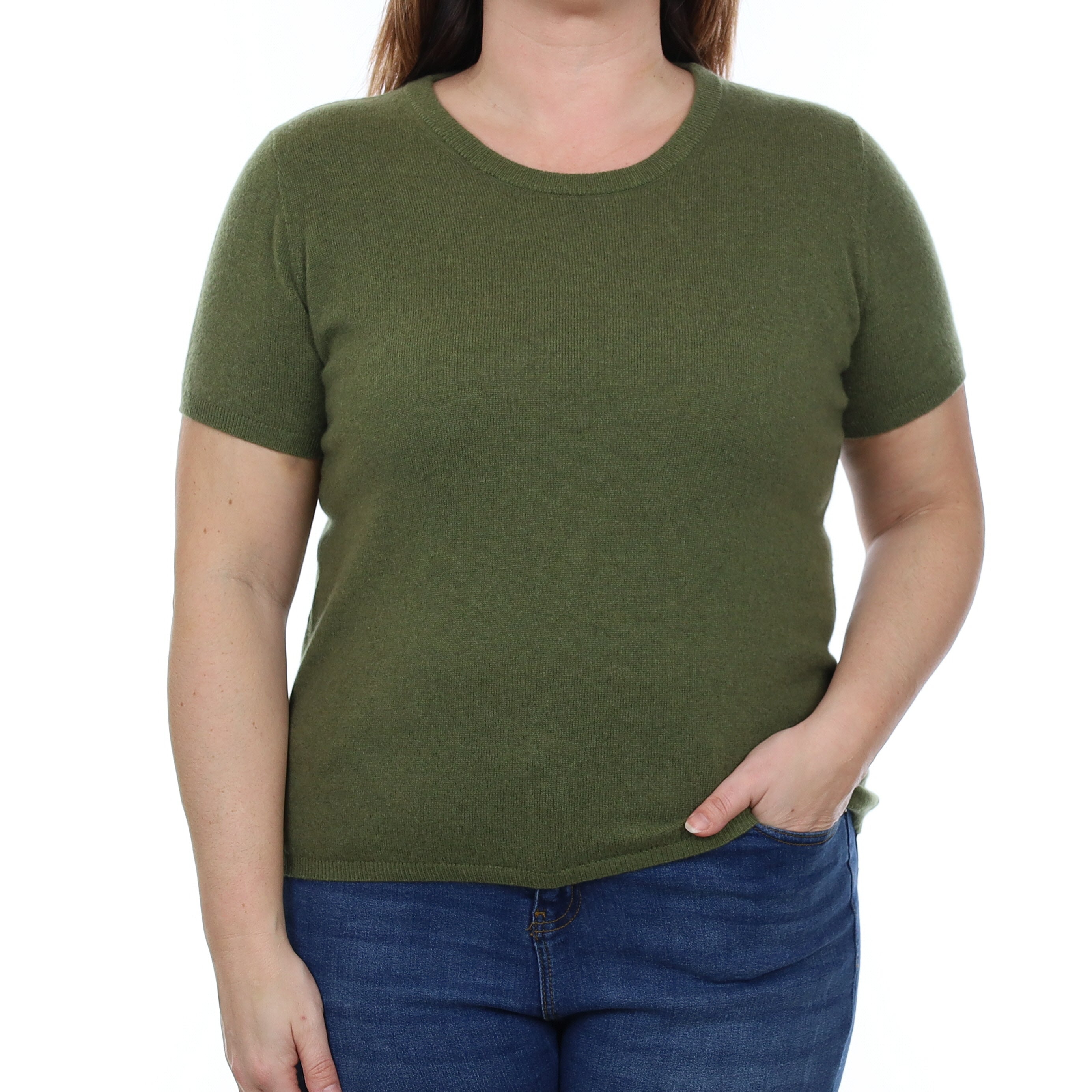 Brand New Olive Green Cashmere Crew Neck T-Shirt Large UK 16-18