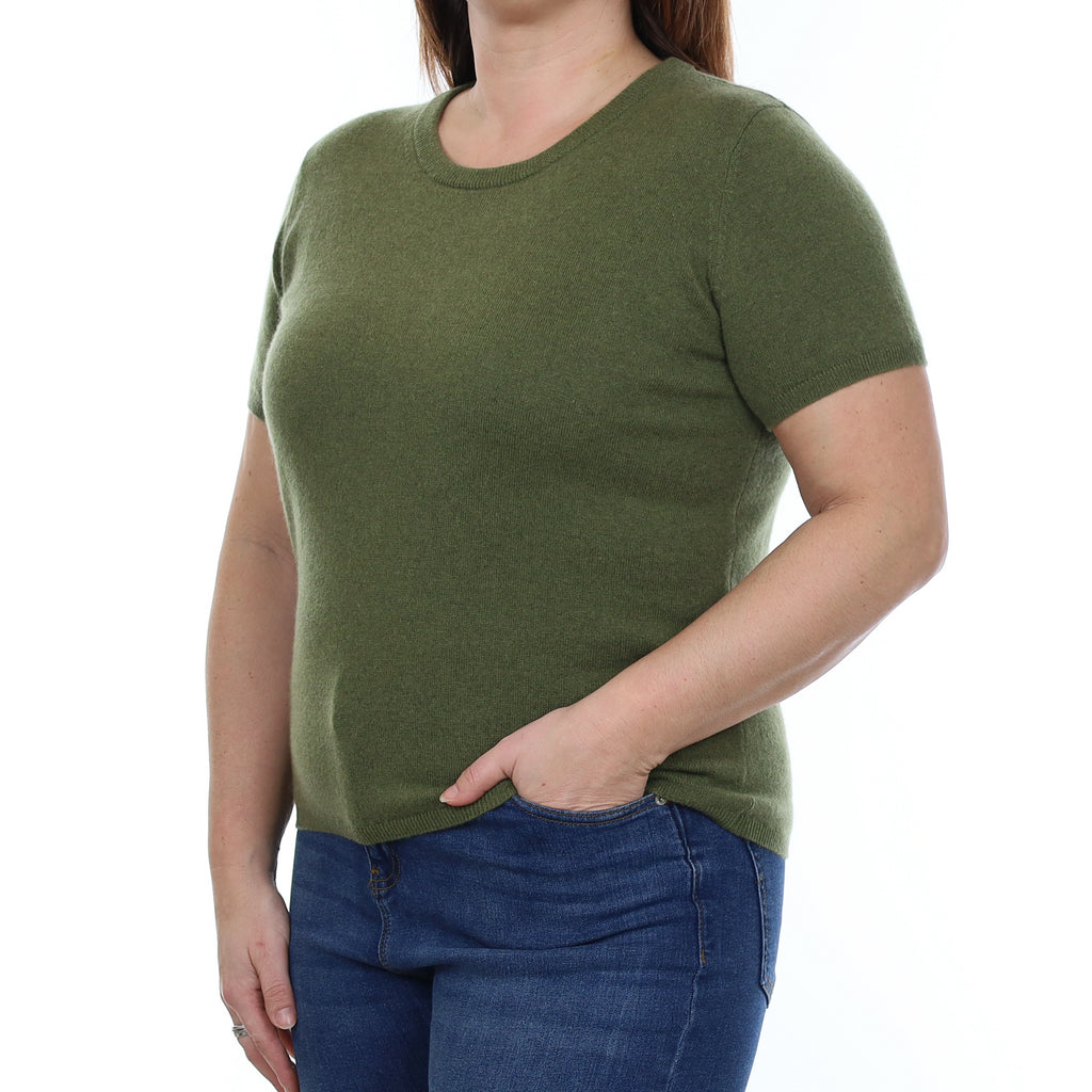 Brand New Olive Green Cashmere Crew Neck T-Shirt Large UK 16-18