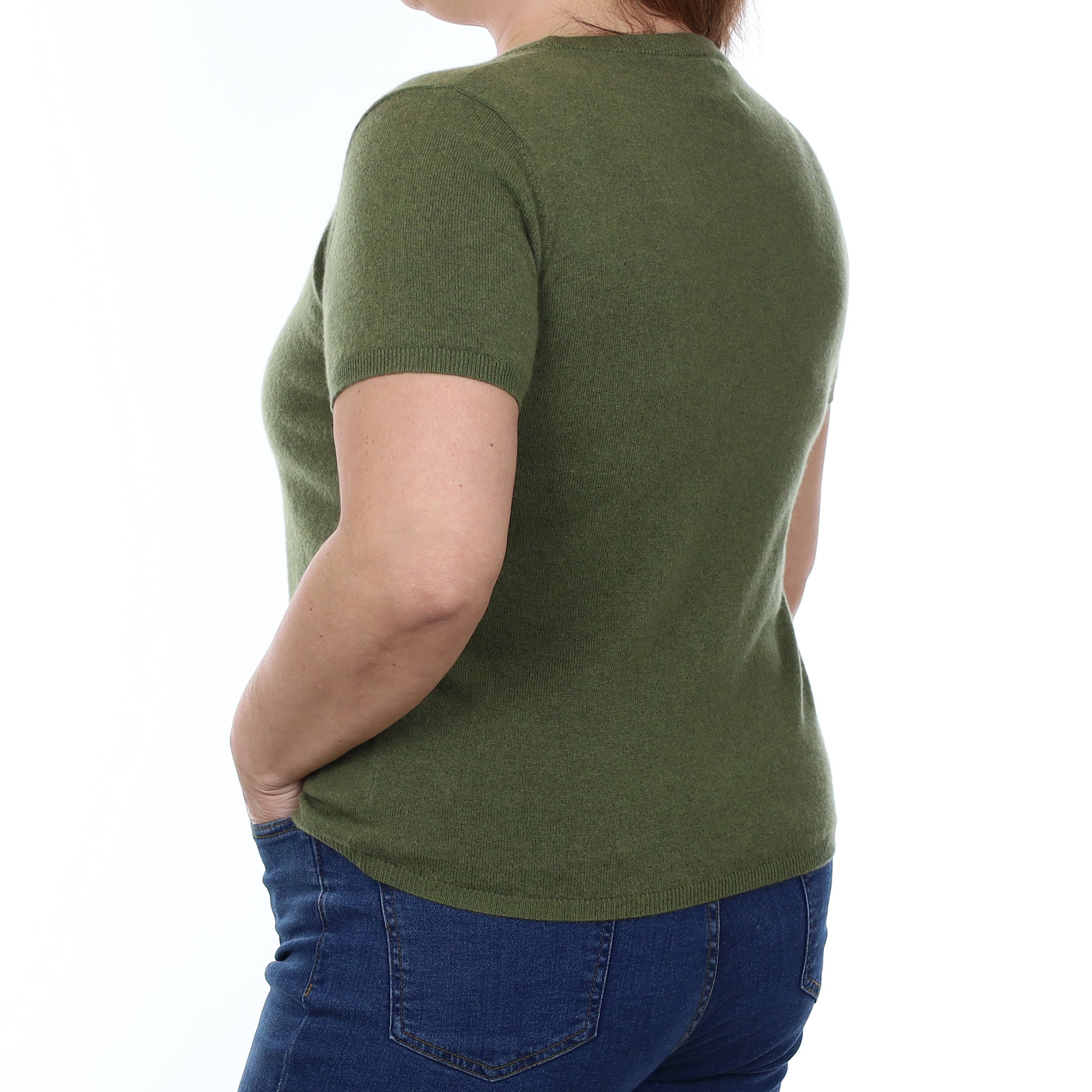 Brand New Olive Green Cashmere Crew Neck T-Shirt Large UK 16-18