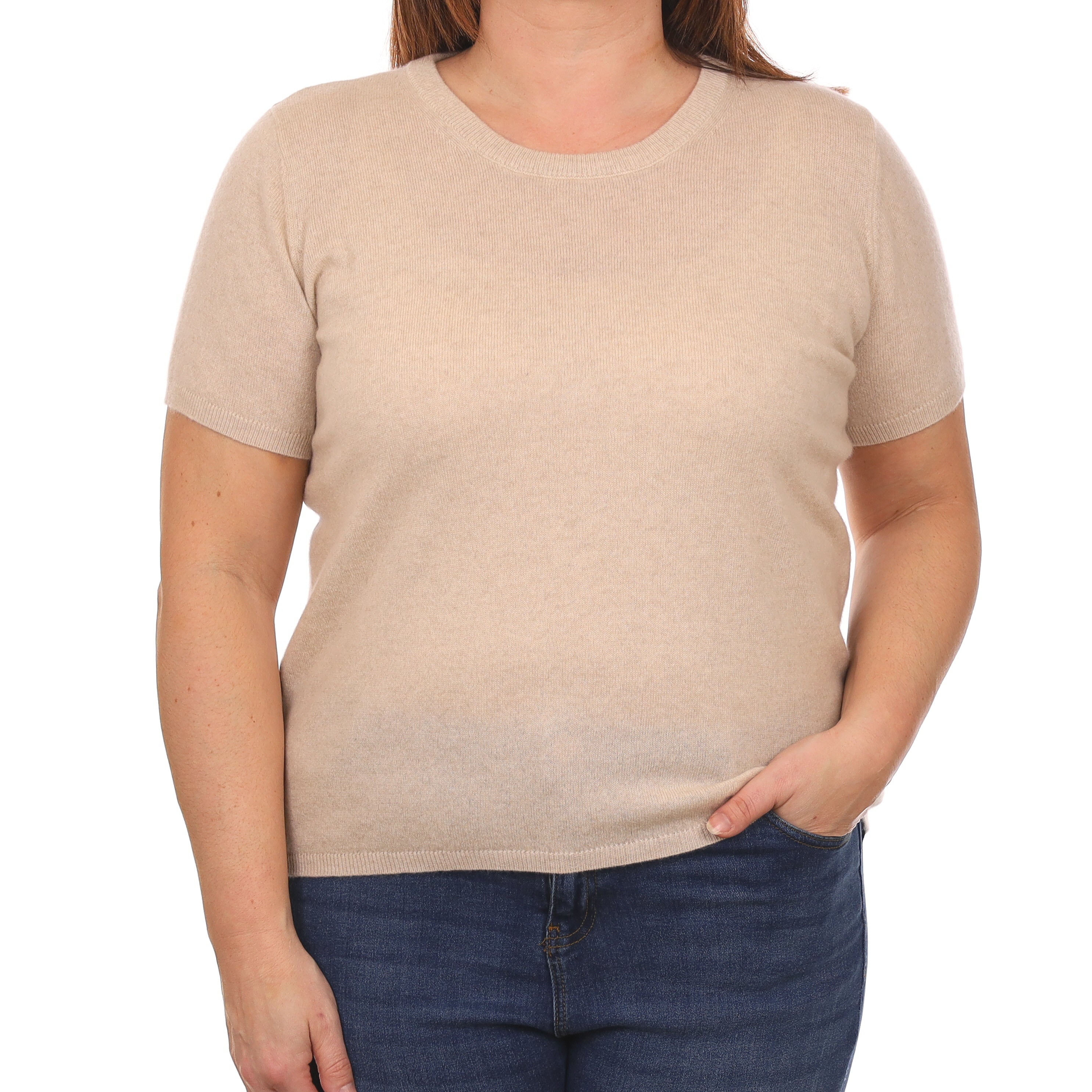 Brand New Sand Beige Cashmere Crew Neck T-Shirt Large UK 16-18