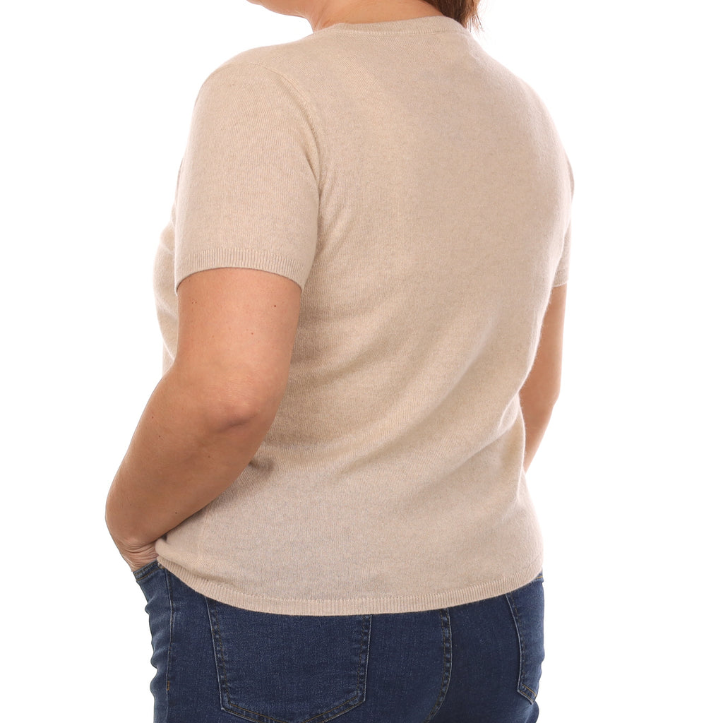 Brand New Sand Beige Cashmere Crew Neck T-Shirt Large UK 16-18