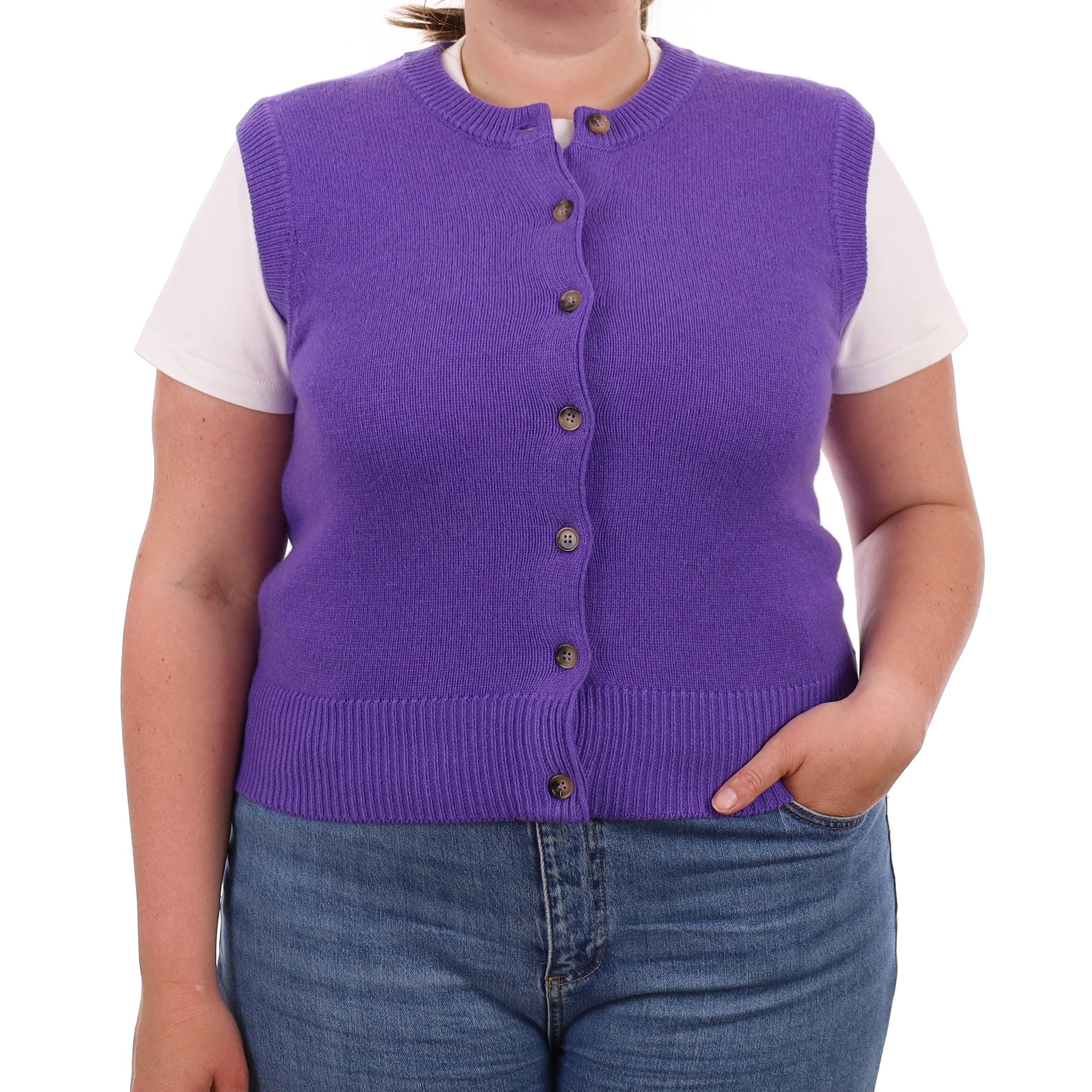 Brand New Periwinkle Purple Luxury Cashmere Crew Neck Waistcoat Large UK 16-18