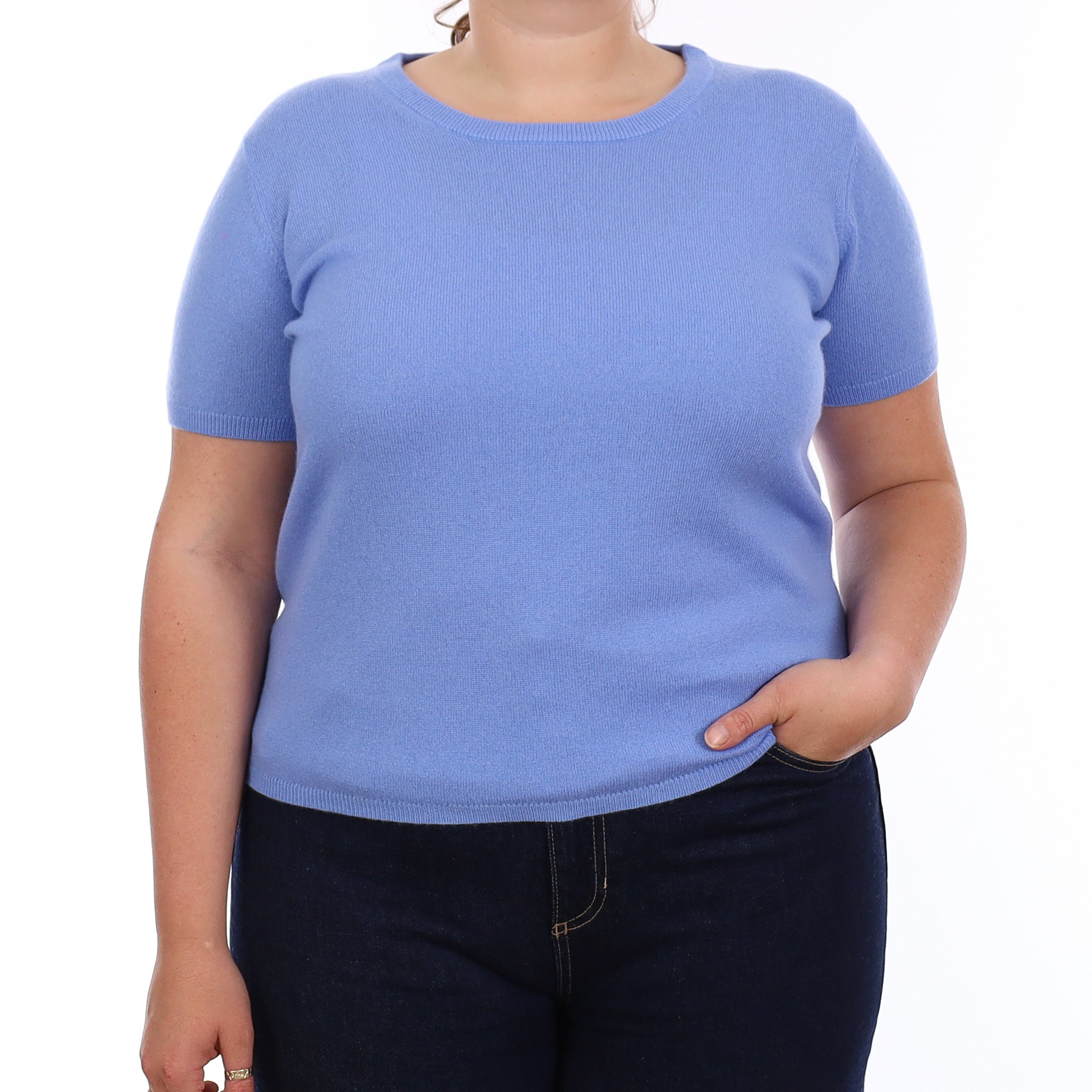Brand New Cornflower Blue Cashmere Crew Neck T-Shirt Extra Large UK 20-22