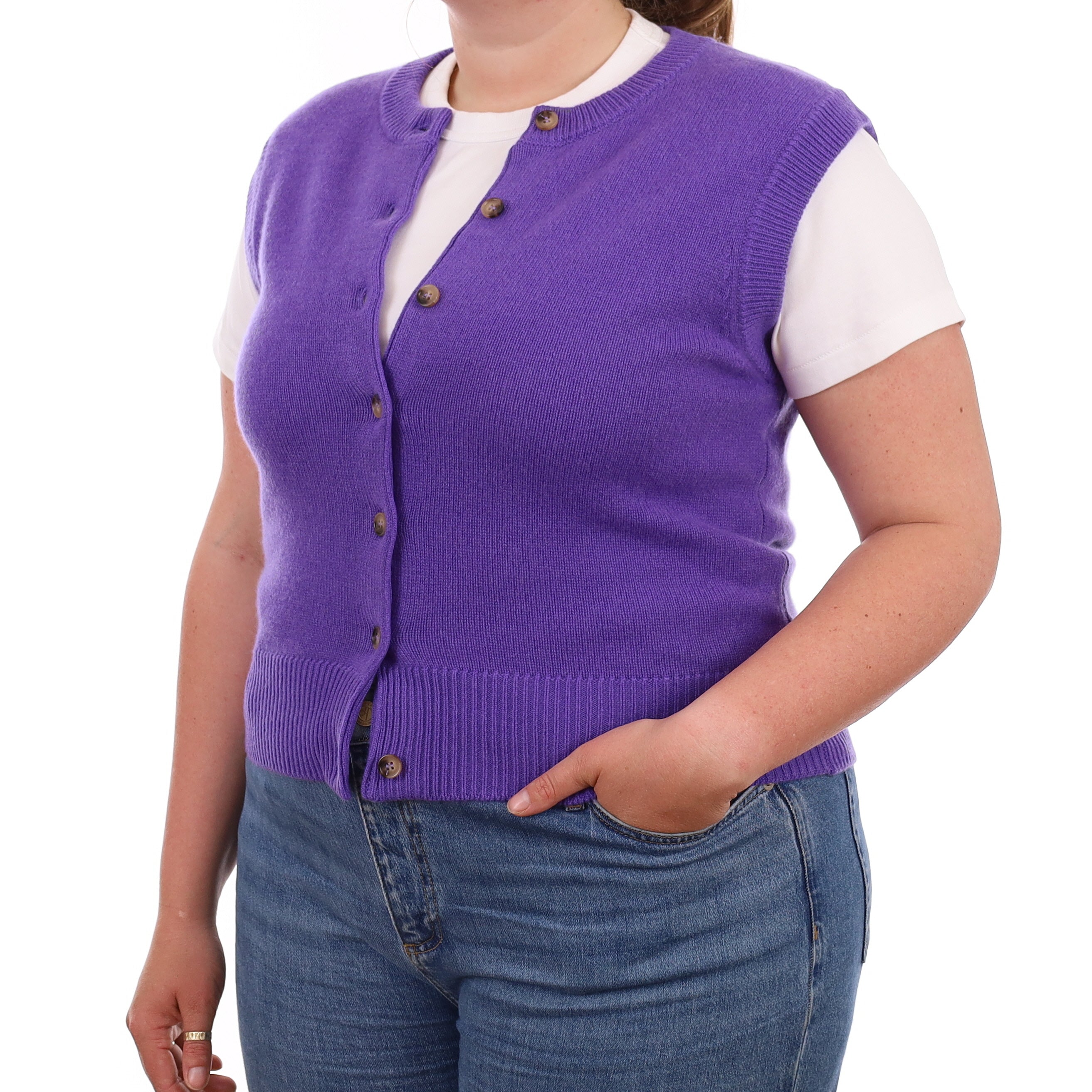 Brand New Periwinkle Purple Luxury Cashmere Crew Neck Waistcoat Large UK 16-18