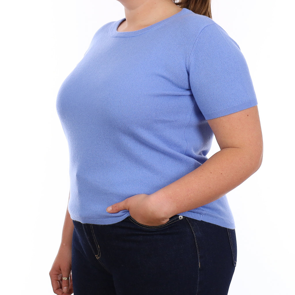 Brand New Cornflower Blue Cashmere Crew Neck T-Shirt Large UK 16-18